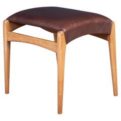 Mid-Century Beech Stool with Brown Leather Seat, Denmark, 1950s