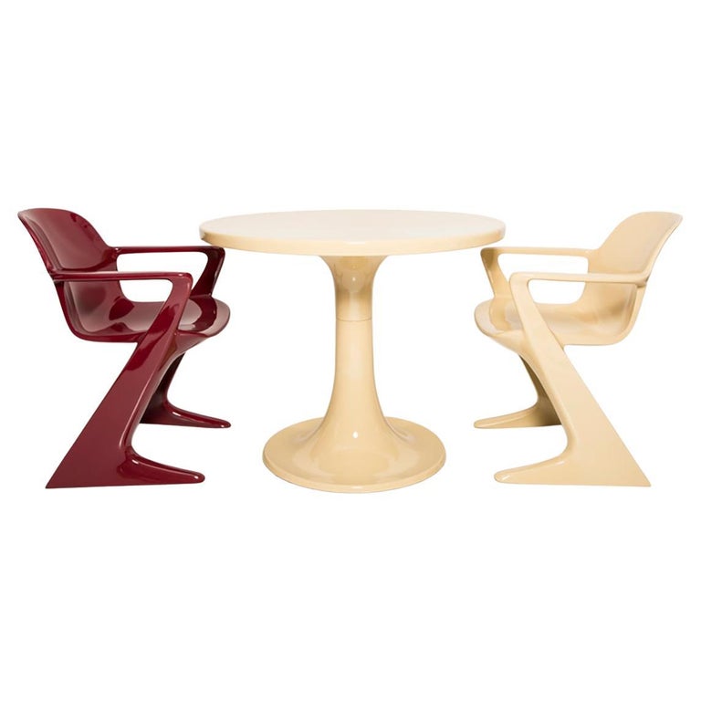 Midcentury Beige and Red Kangaroo Chairs and Table Ernst Moeckl