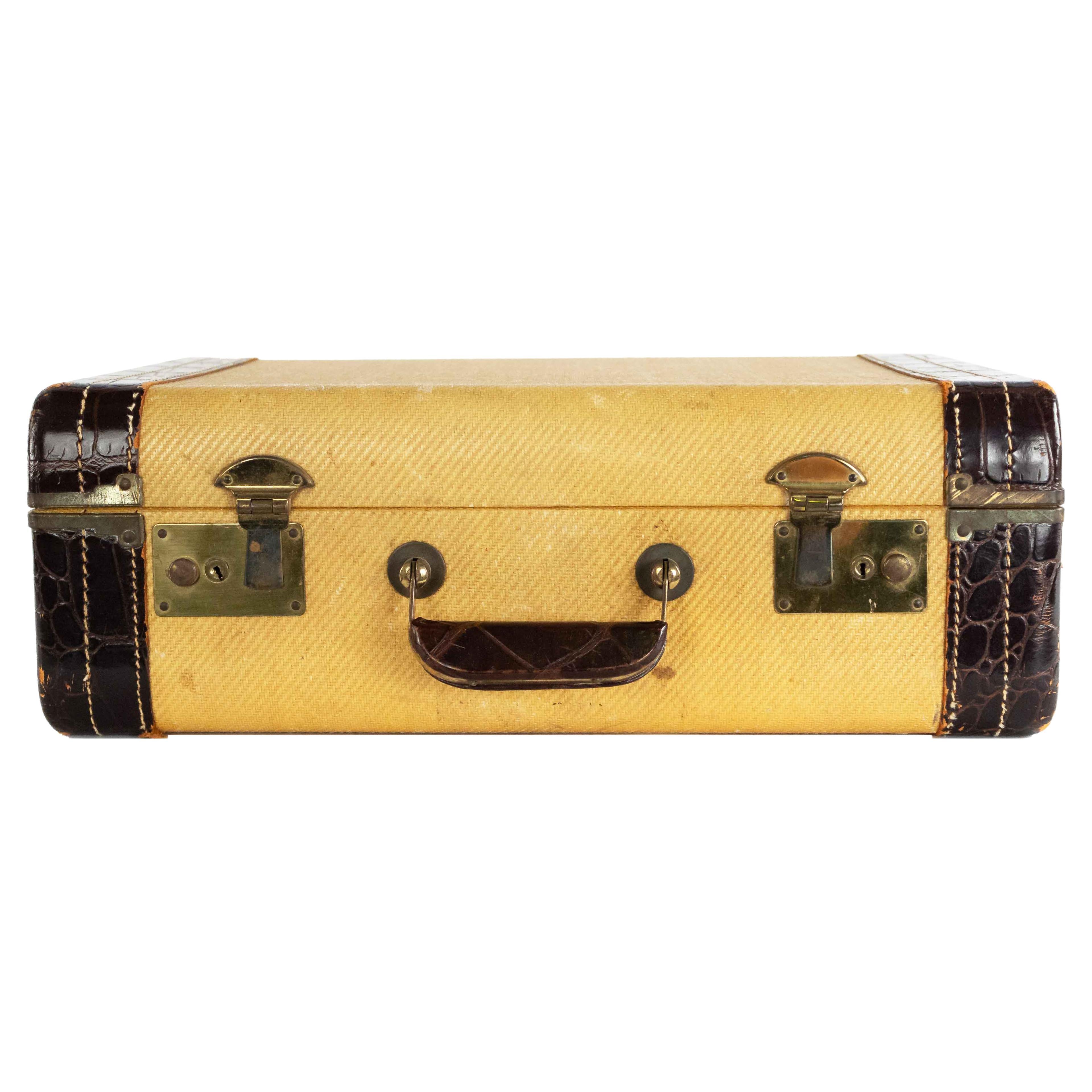 Mid-Century Beige Suitcase with Alligator Trim For Sale