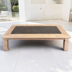 Mid-Century Belgian Brutalist Stripped Oak and Black Marble Coffee Table