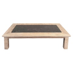 Mid-Century Belgian Brutalist Stripped Oak and Black Marble Coffee Table
