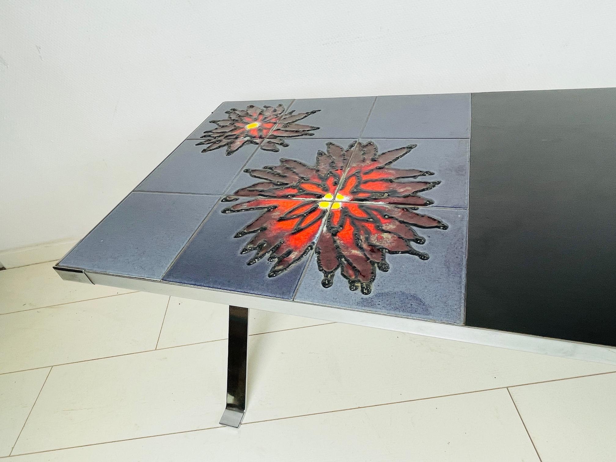 What a beautiful piece of furniture. This coffee table is an absolute eye catcher. The table is made by the Belgium firm Adri Belarti / Adri Belgique. Famous for its hand made ceramic tile tabletop. This table is unique because of the half tile/half