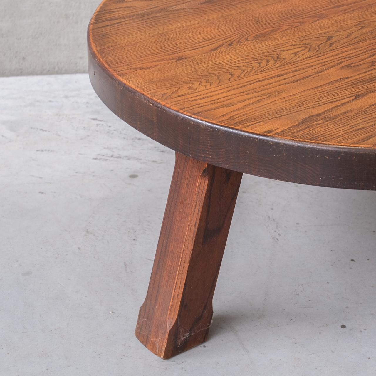 Late 20th Century Midcentury Belgian Circular Brutalist Oak Coffee Table For Sale