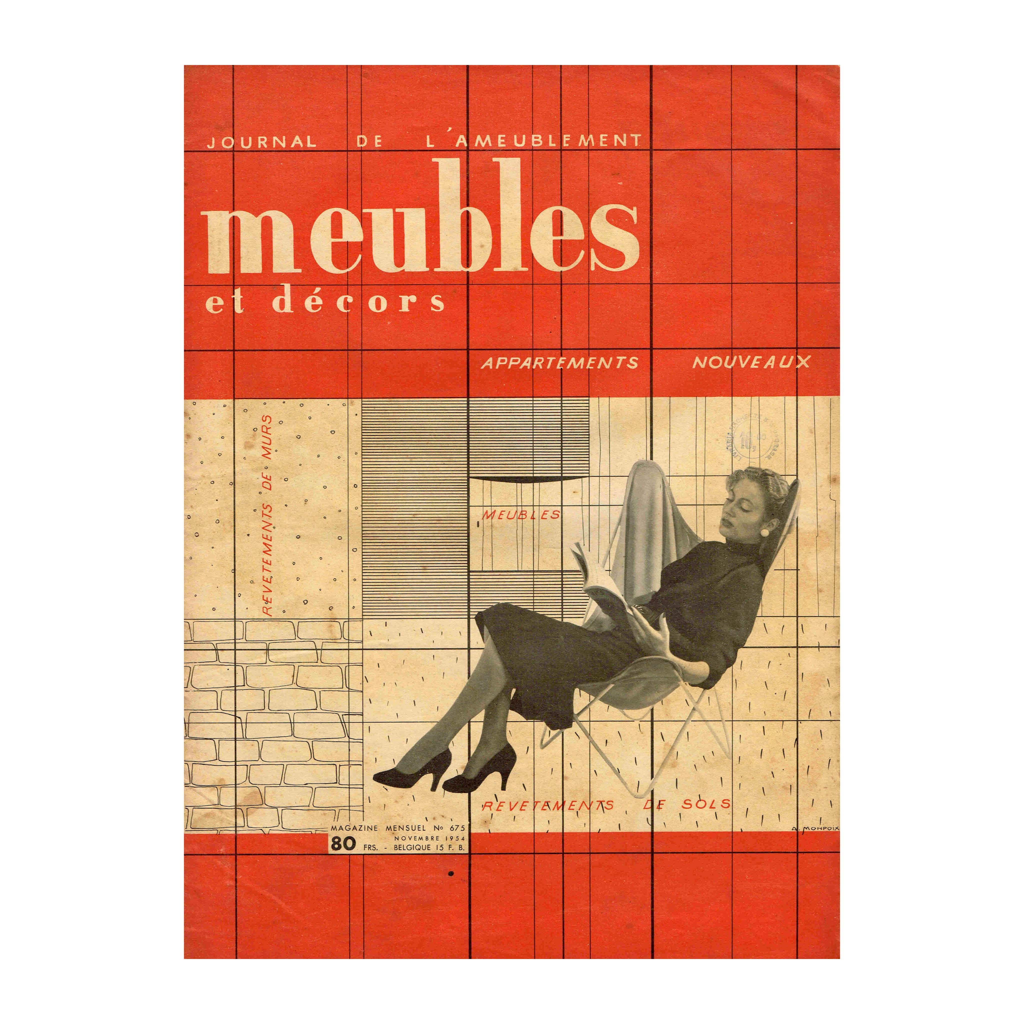 Rare Mid-Century Belgian magazine “MEUBLES ET DÉCORS”, n°675, published in French in November, 1954. Dimensions: 27x38’6cm, 34 pages, unnumbered, color and b/w illustrations. Good condition with some wear and minor loses.