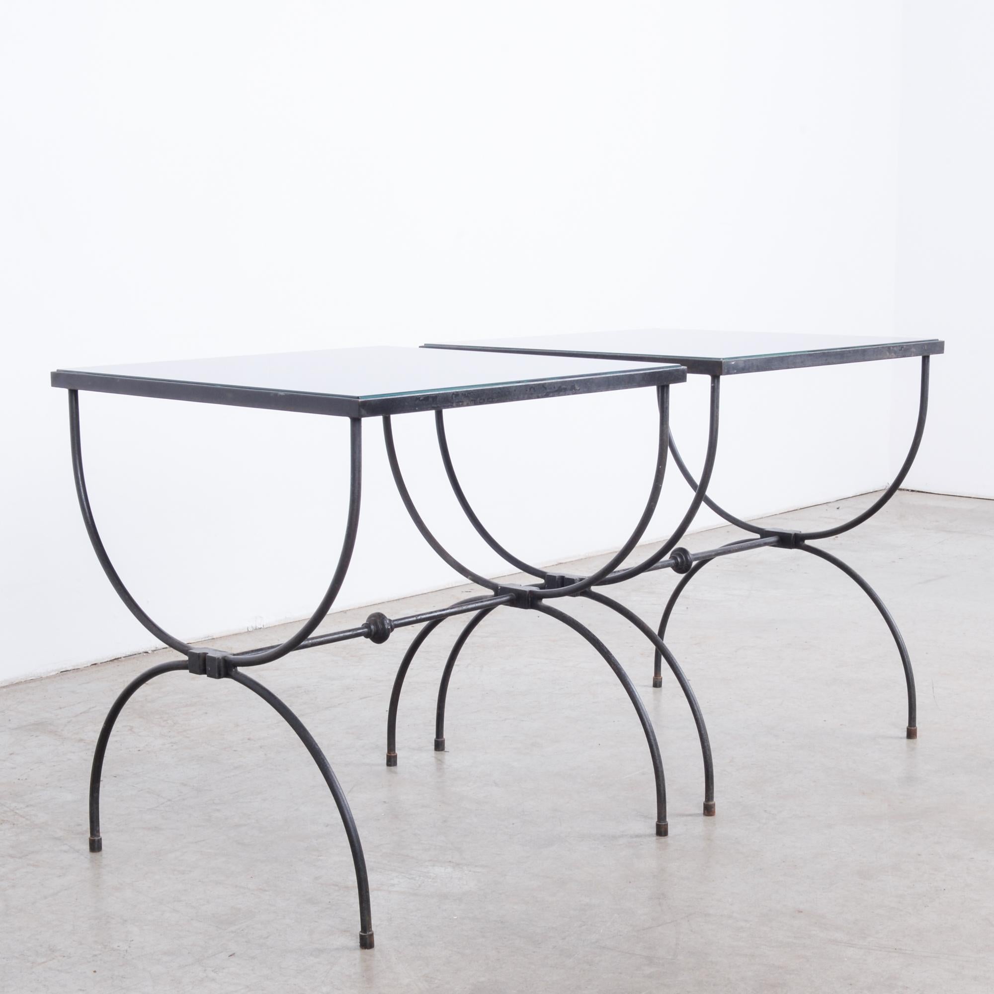 Mid-Century Modern Midcentury Belgian Metal and Glass Coffee Tables, a Pair