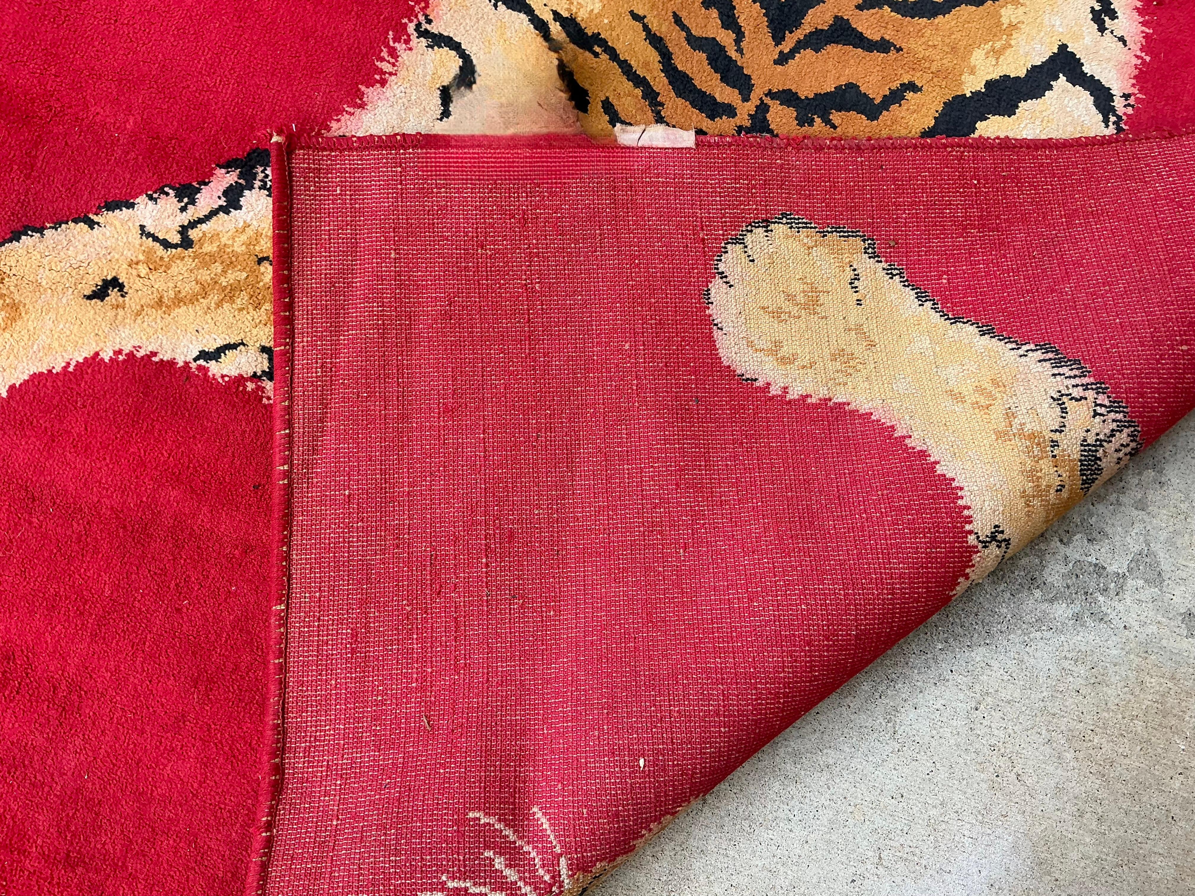 Mid-Century Belgian Moroccan Style Faux Taxidermy Bengal Tiger Red Area Rug In Good Condition In Kennesaw, GA