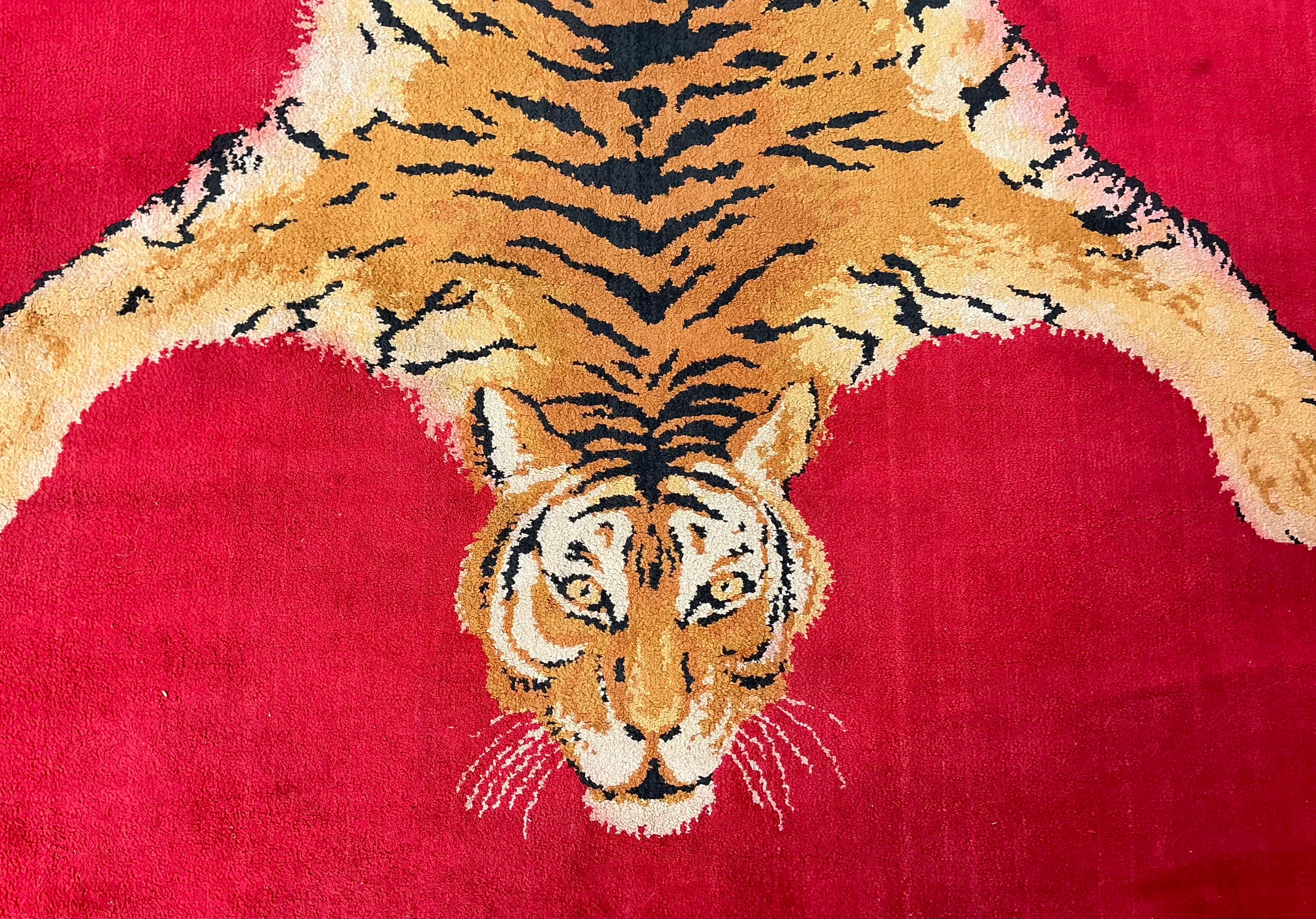 20th Century Mid-Century Belgian Moroccan Style Faux Taxidermy Bengal Tiger Red Area Rug