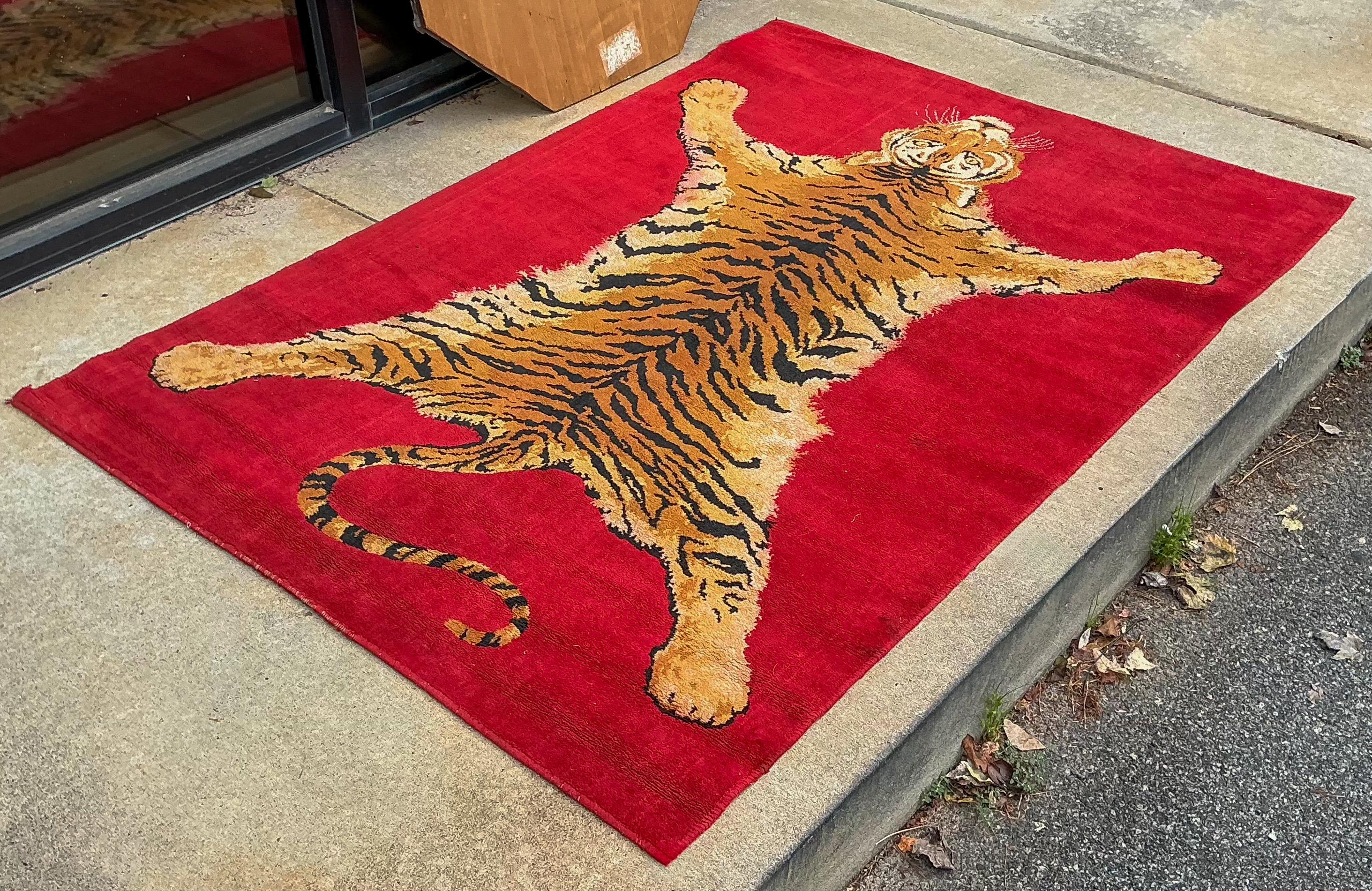 Wool Mid-Century Belgian Moroccan Style Faux Taxidermy Bengal Tiger Red Area Rug