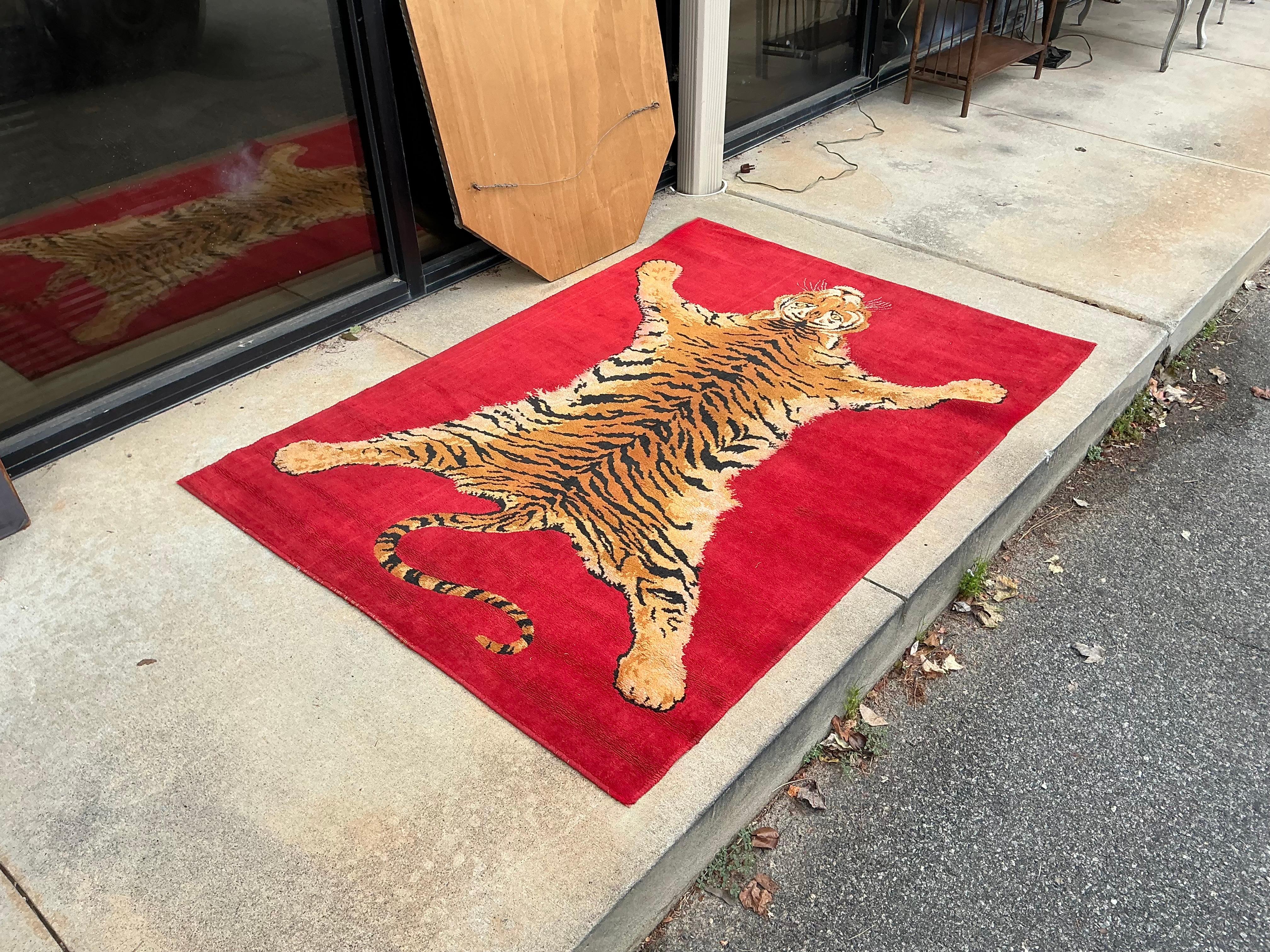 Mid-Century Belgian Moroccan Style Faux Taxidermy Bengal Tiger Red Area Rug 1