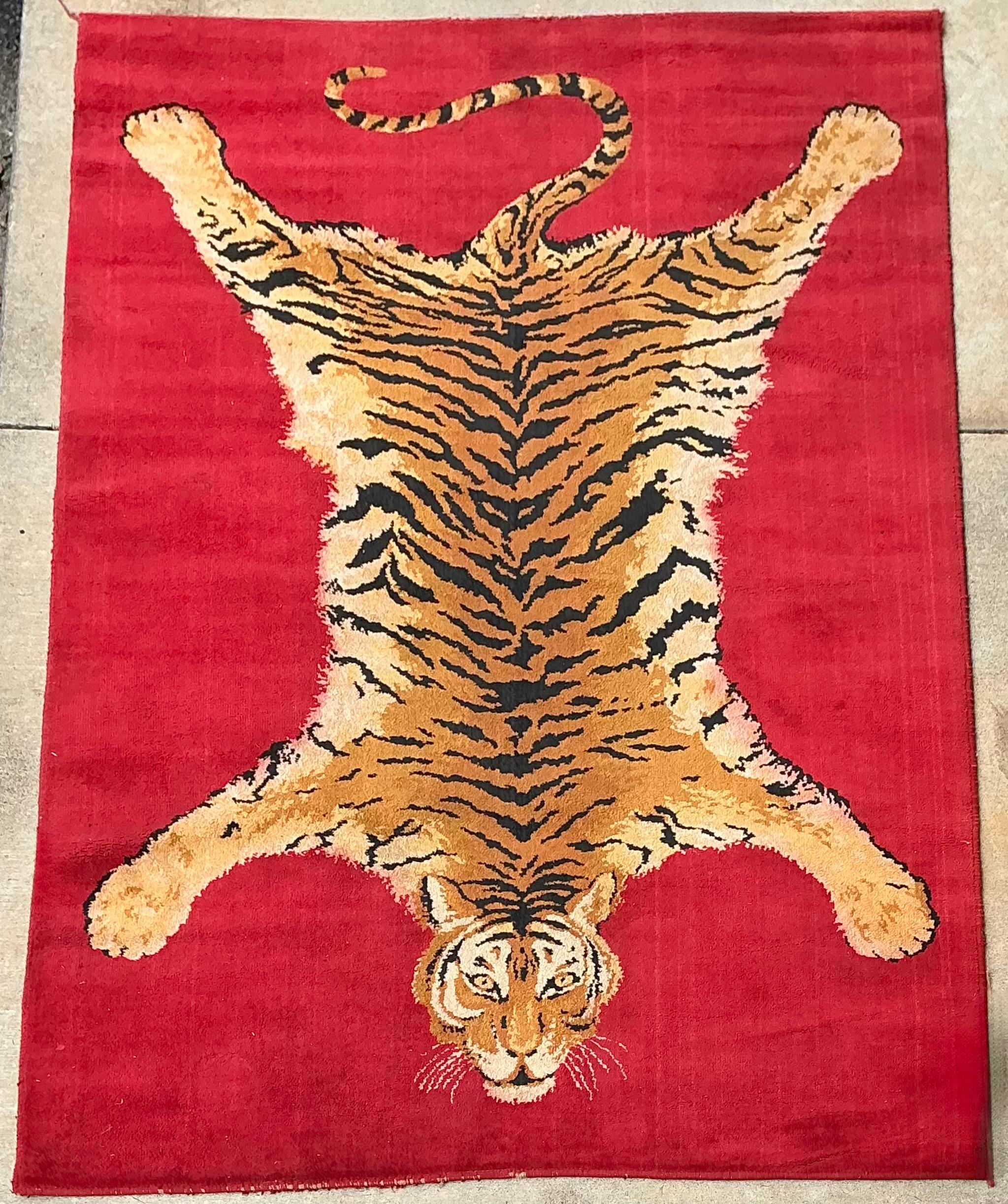 Mid-Century Belgian Moroccan Style Faux Taxidermy Bengal Tiger Red Area Rug 3