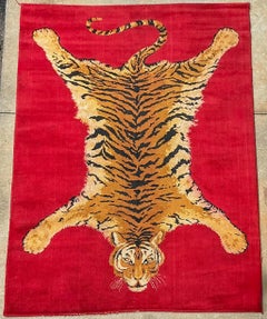 Mid-Century Belgian Moroccan Style Faux Taxidermy Bengal Tiger Red Area Rug