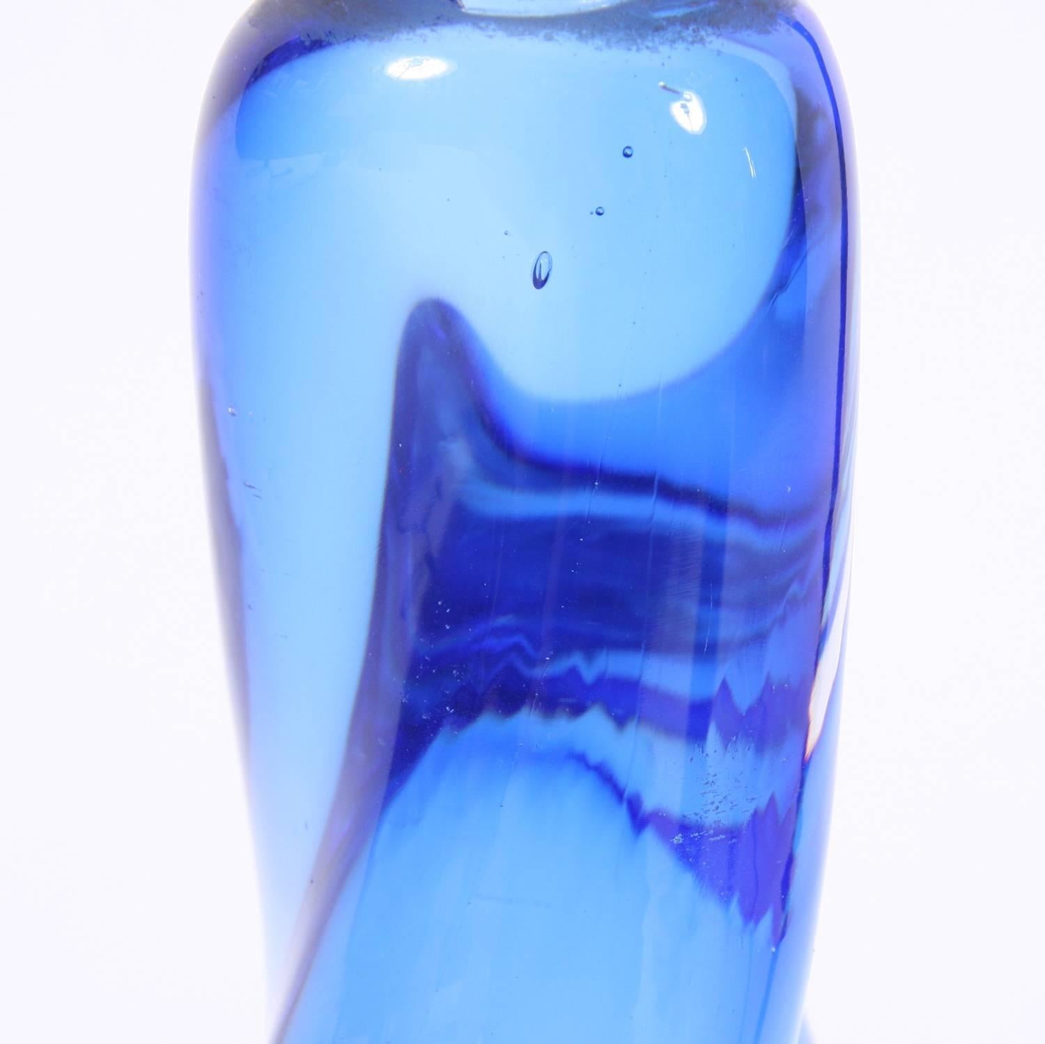 Mid-20th Century Midcentury Belgian Pair of Twisted Blue Glass Val Saint Lambert Lamps
