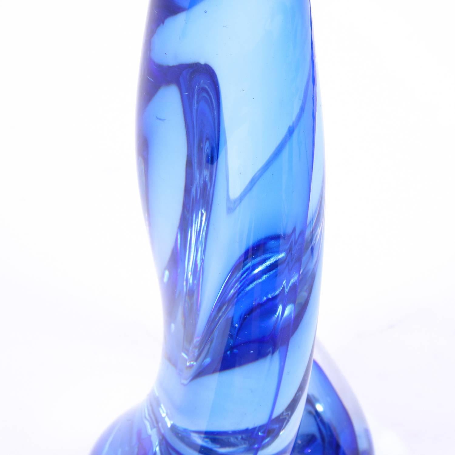 Midcentury Belgian Pair of Twisted Blue Glass Val Saint Lambert Lamps 1