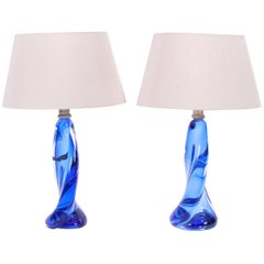 Midcentury Belgian Pair of Twisted Blue Glass Val Saint Lambert Lamps