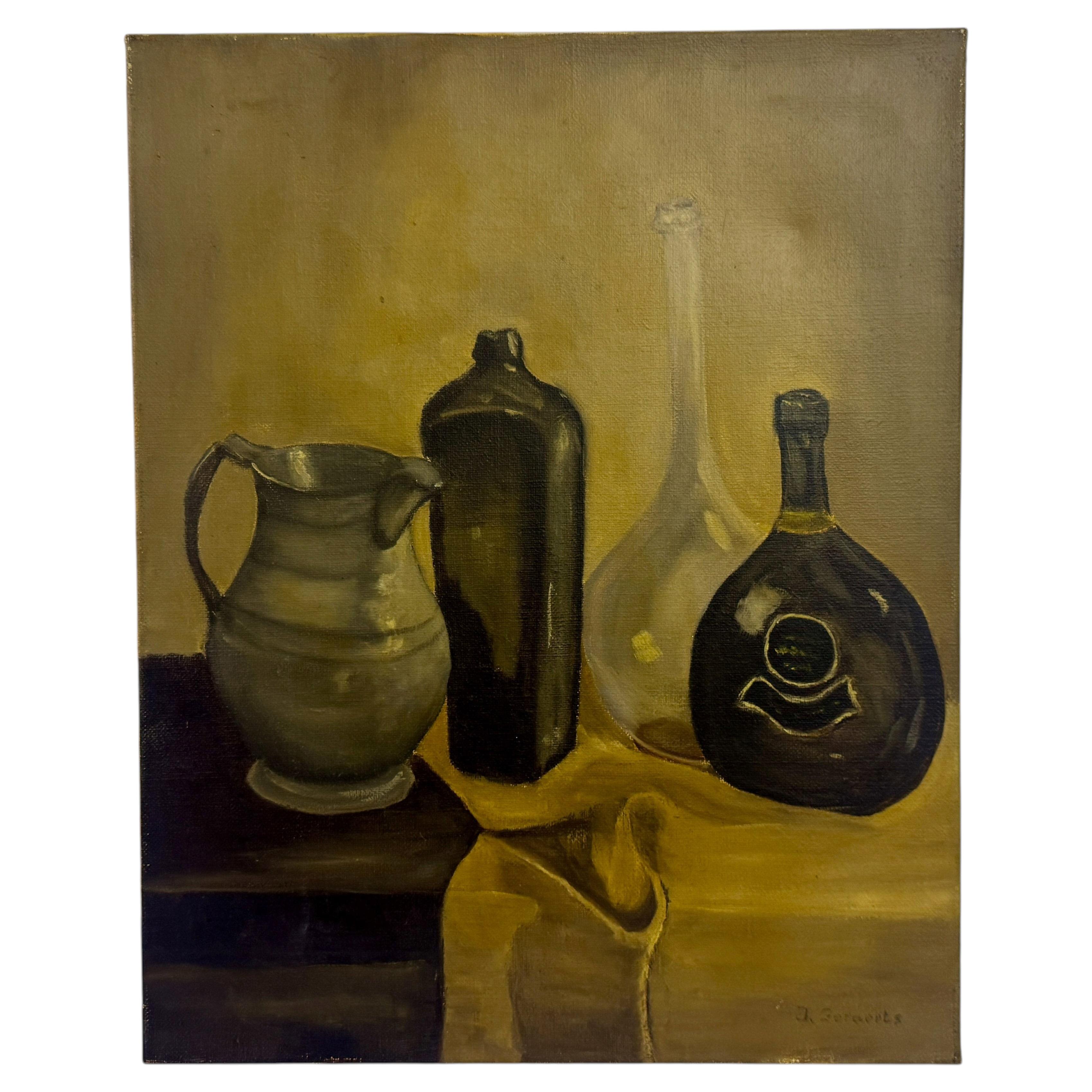 Mid Century Belgian Still Life of Bottles For Sale