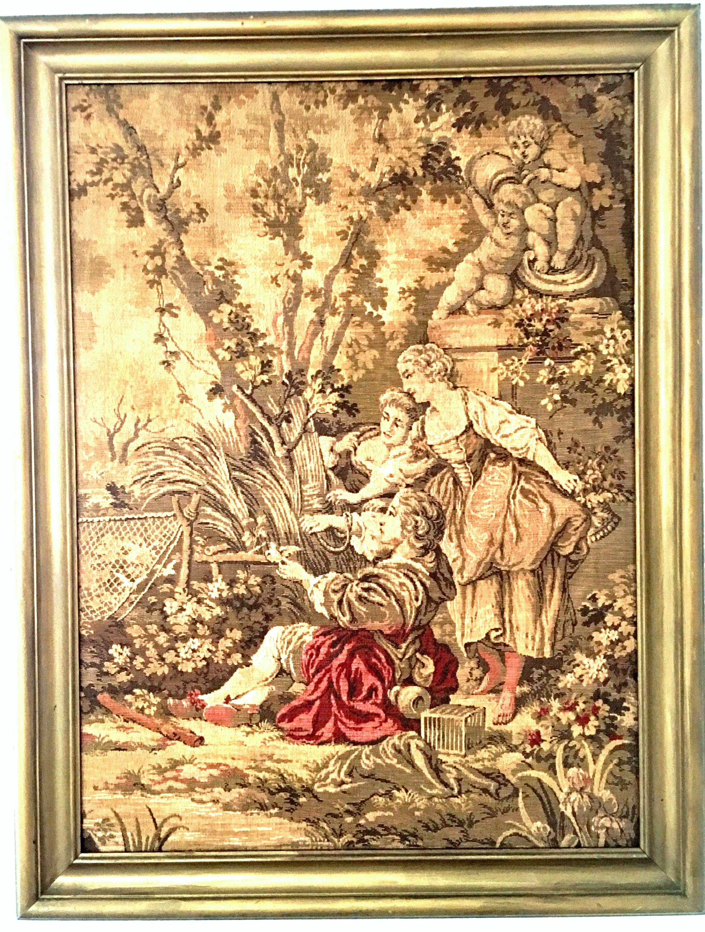 Mid-Century Belgium hanging framed tapestry, signed. This gorgeous wool golden hue tapestry is framed in a gilt wood frame. Features a 17th century trio of women in the garden motif. Signed on the underside, Made In Belgium.