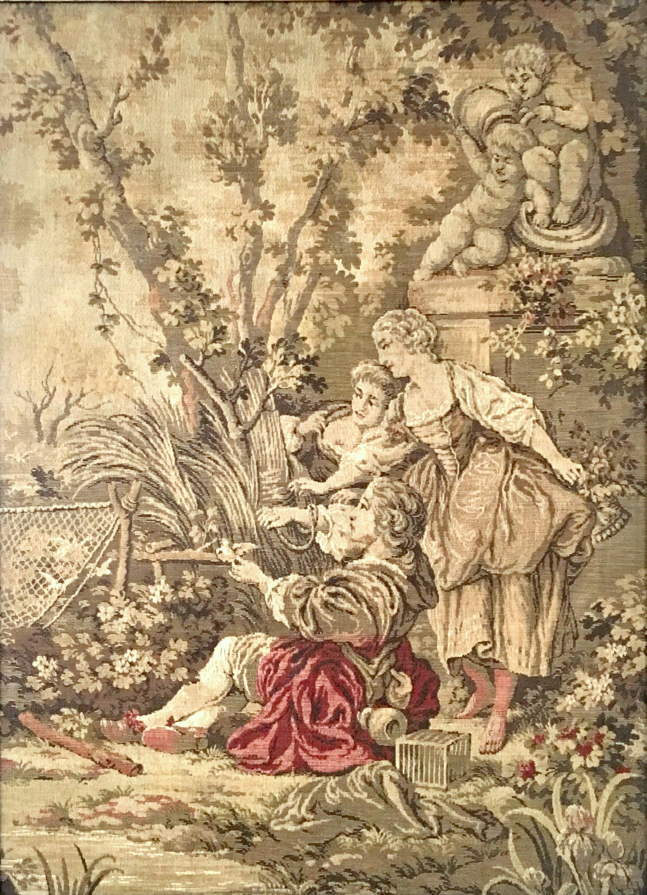 20th Century Belgian hanging framed tapestry, signed. This gorgeous wool, golden hue tapestry is framed in a gilt wood frame. Features a 17th century trio of women in the garden motif. Signed on the underside, Made In Belgium.
