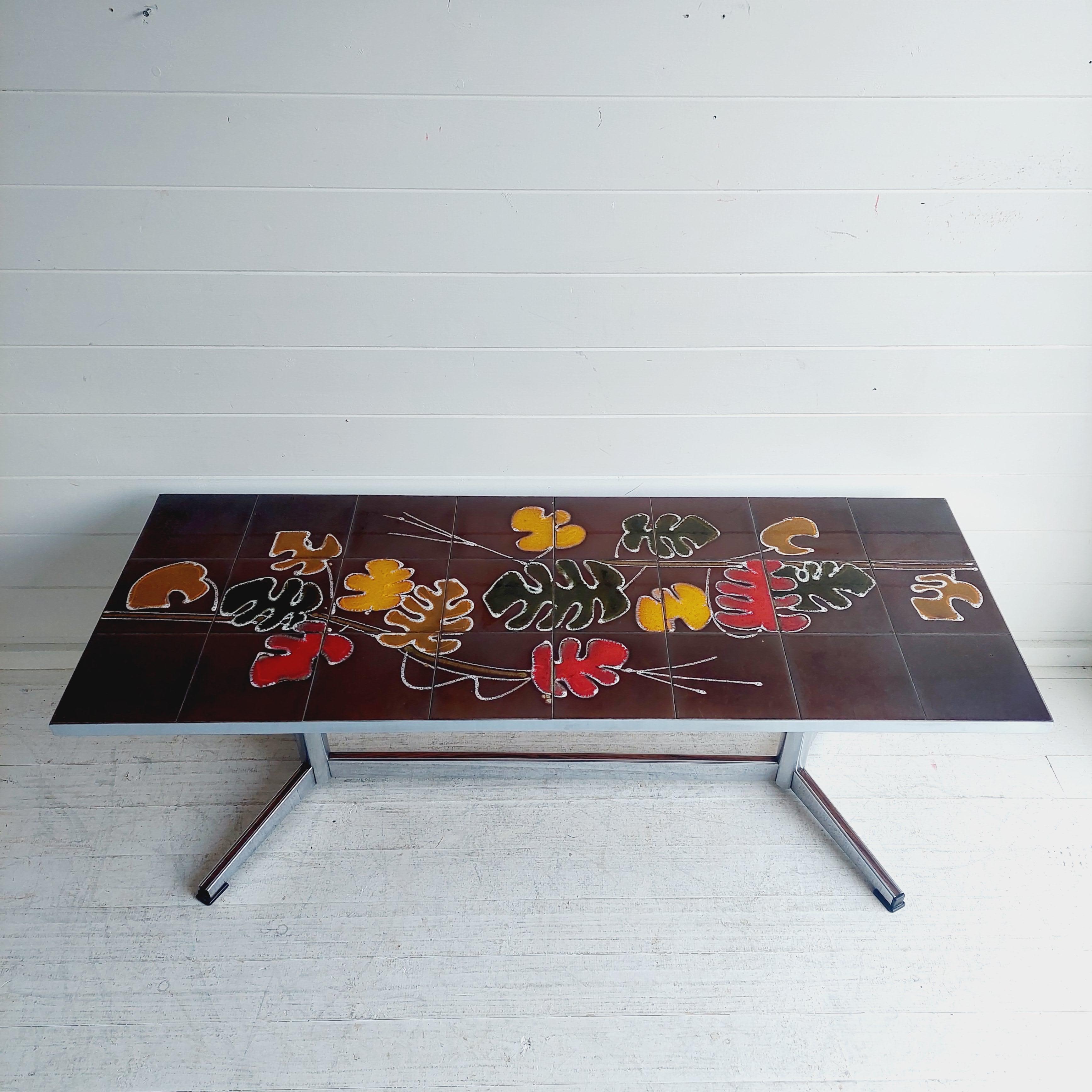 Mid-Century Modern tile table supported on chrome frame base
Belgium design from the 1960-1970s. attributed to Julliette Belarti for Adri ( not signed).
Beautifully crafted chrome and ceramic tile coffee table by Belgian design firm Adri Belgique,
