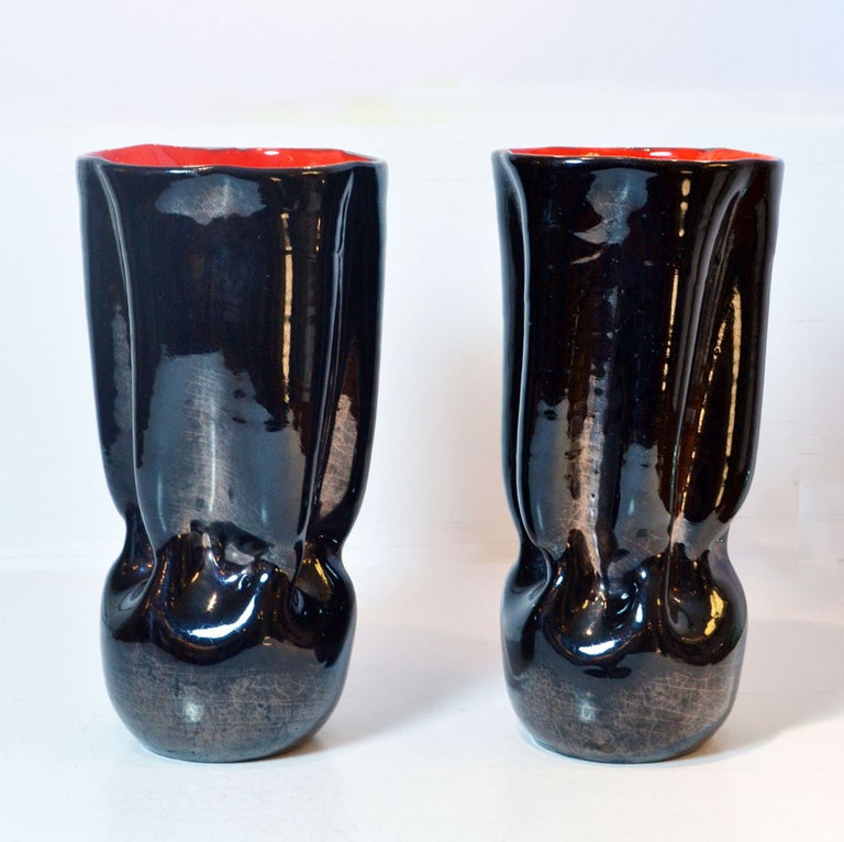 Mid-Century Modern Pair of Black & Red Ceramic Vases France 1950's For Sale
