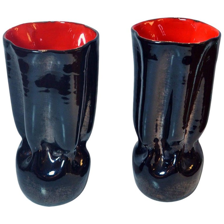 Pair of Black & Red Ceramic Vases France 1950's For Sale