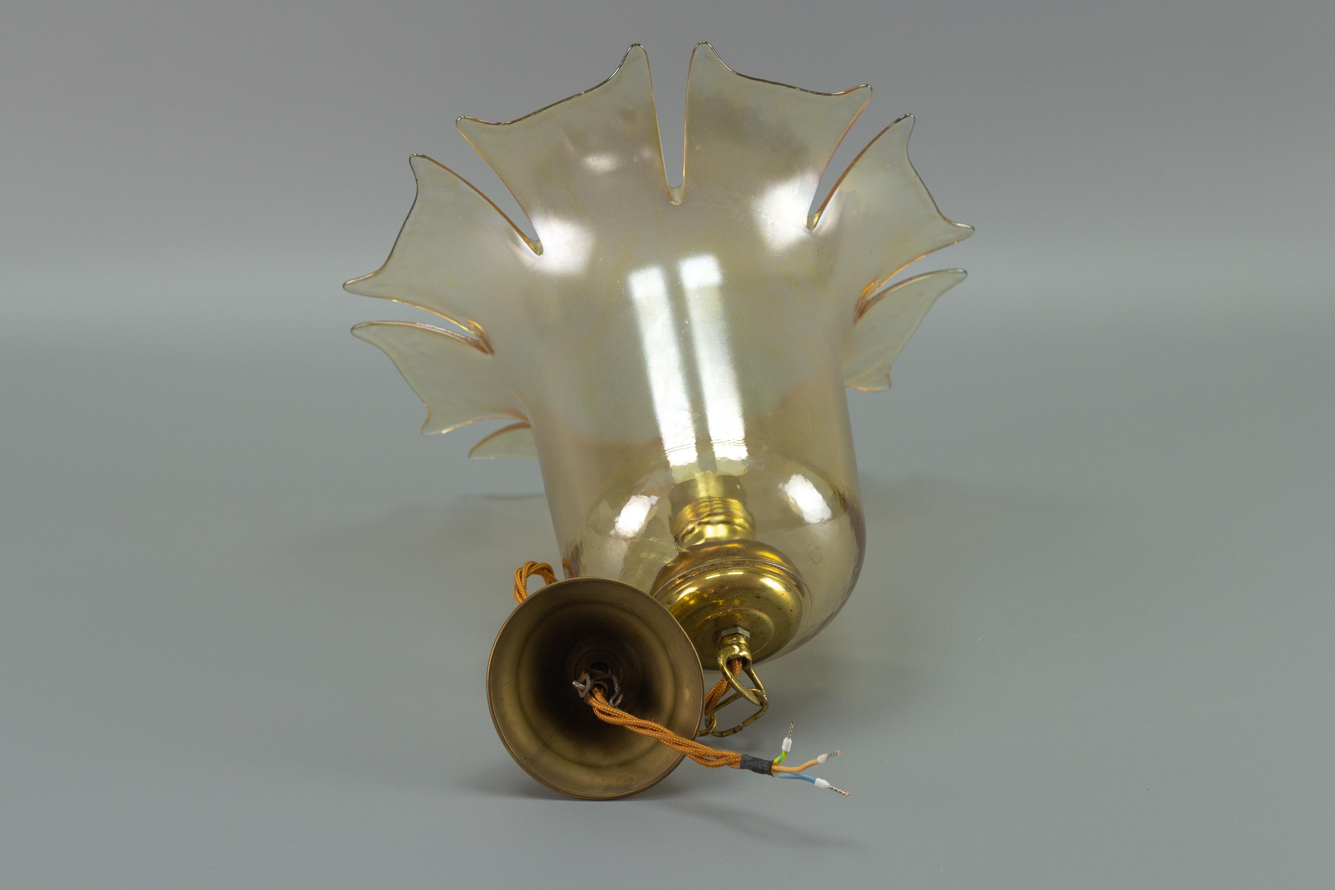 Mid-Century Bell-Shaped Glass and Brass Pendant Light, 1960s For Sale 5