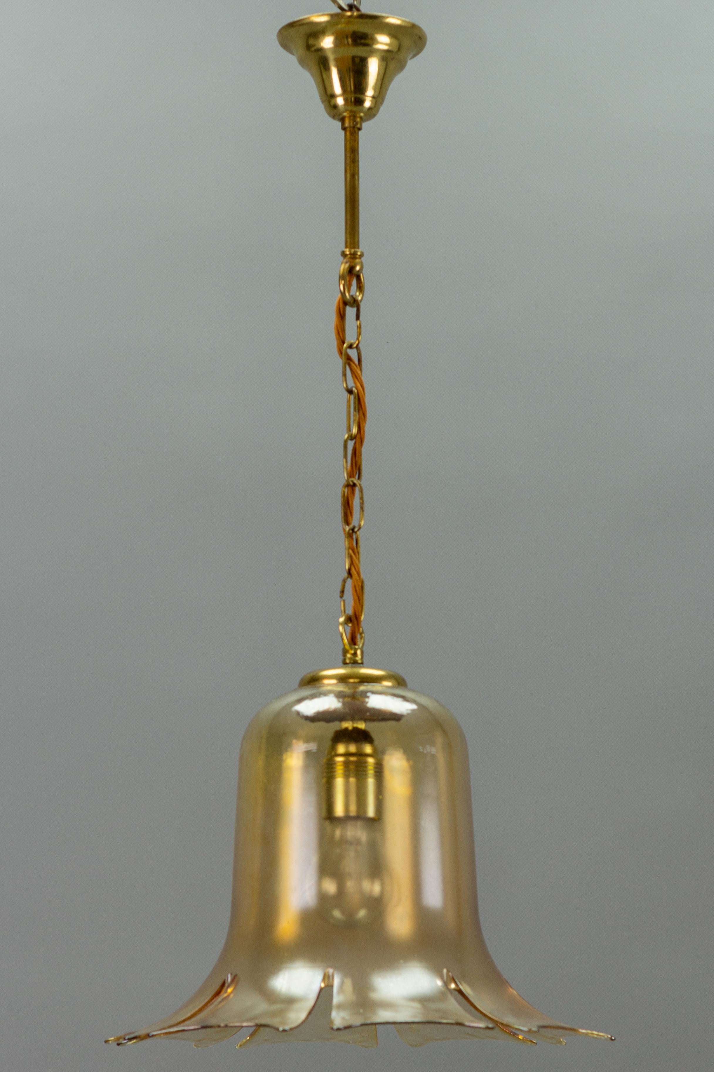 Mid-Century Bell-Shaped Glass and Brass Pendant Light, 1960s For Sale 7
