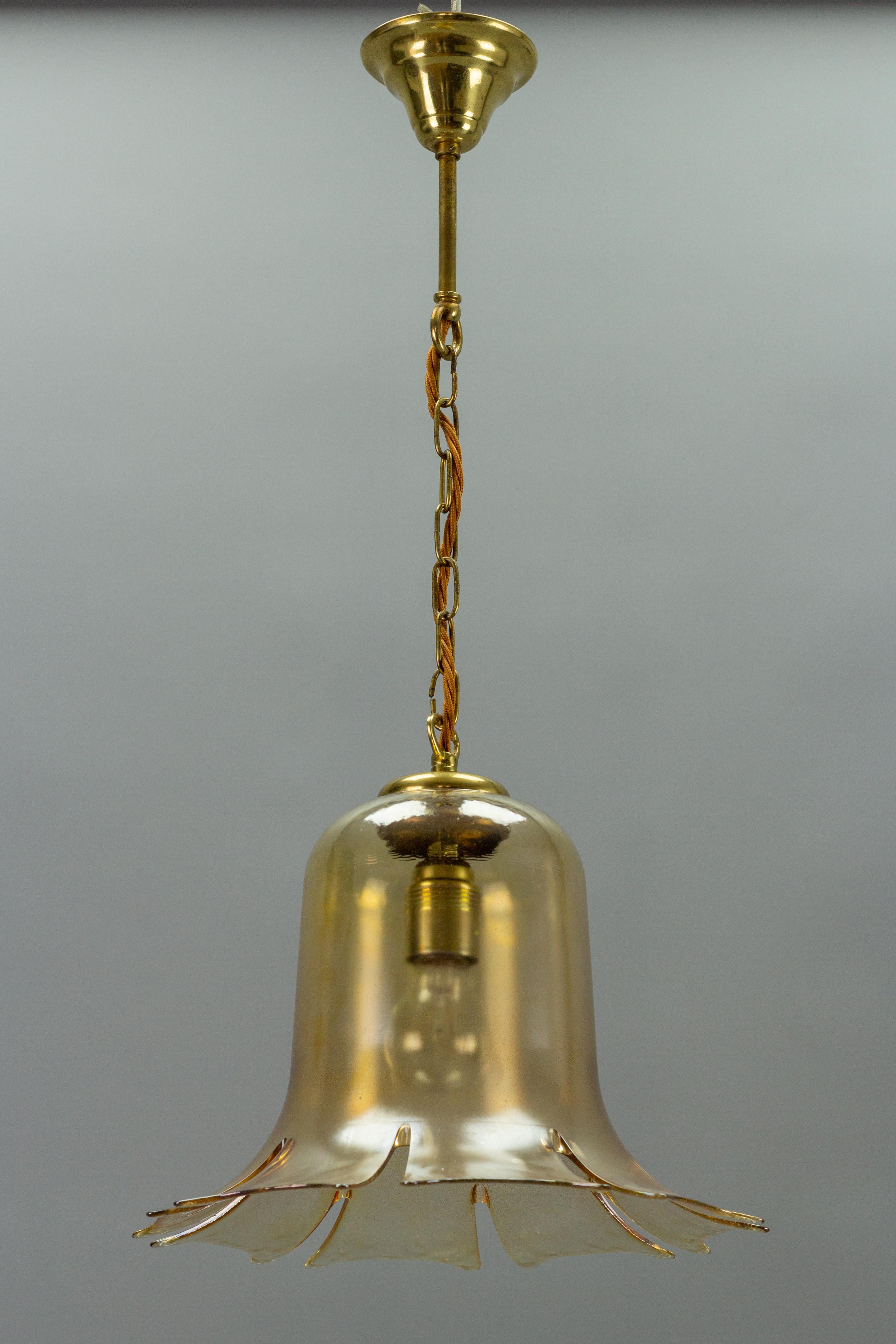 Mid-Century Bell-Shaped Glass and Brass Pendant Light, 1960s For Sale 8