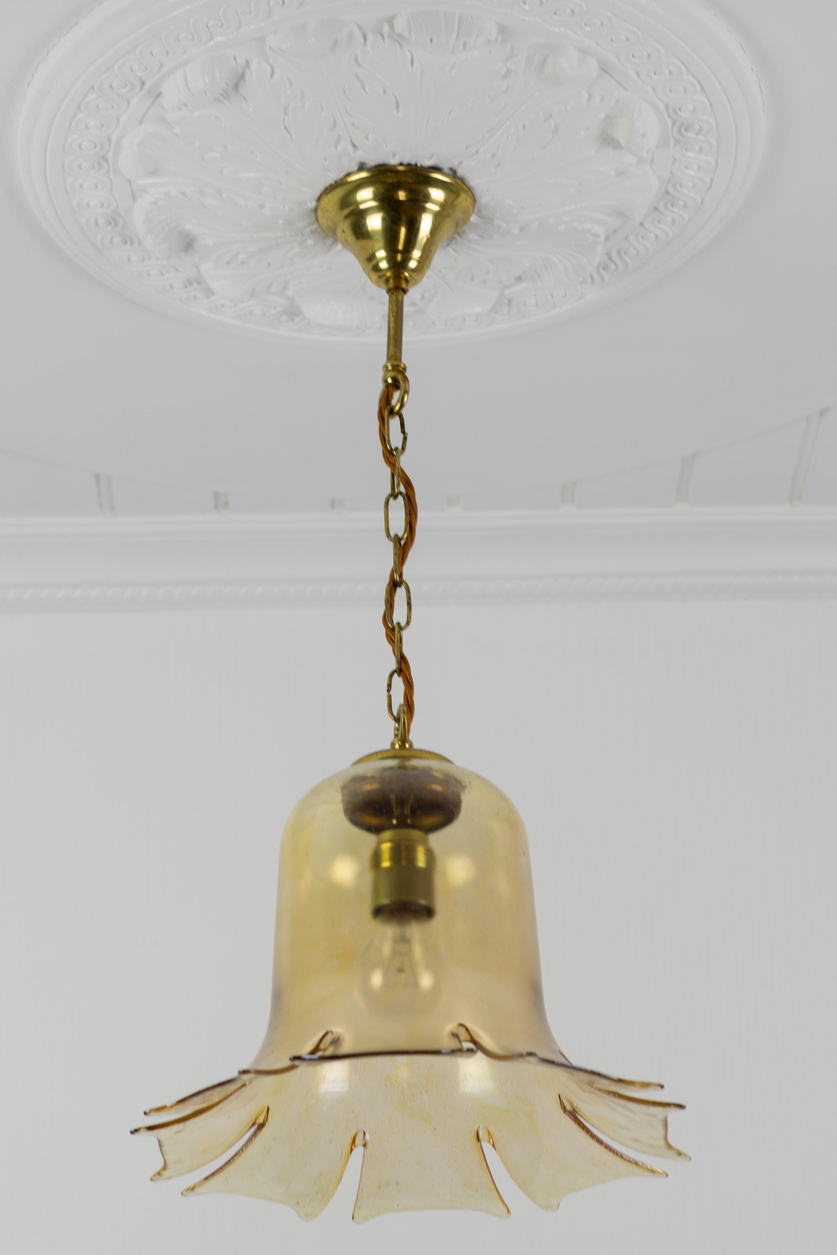 Mid-Century Modern Mid-Century Bell-Shaped Glass and Brass Pendant Light, 1960s For Sale