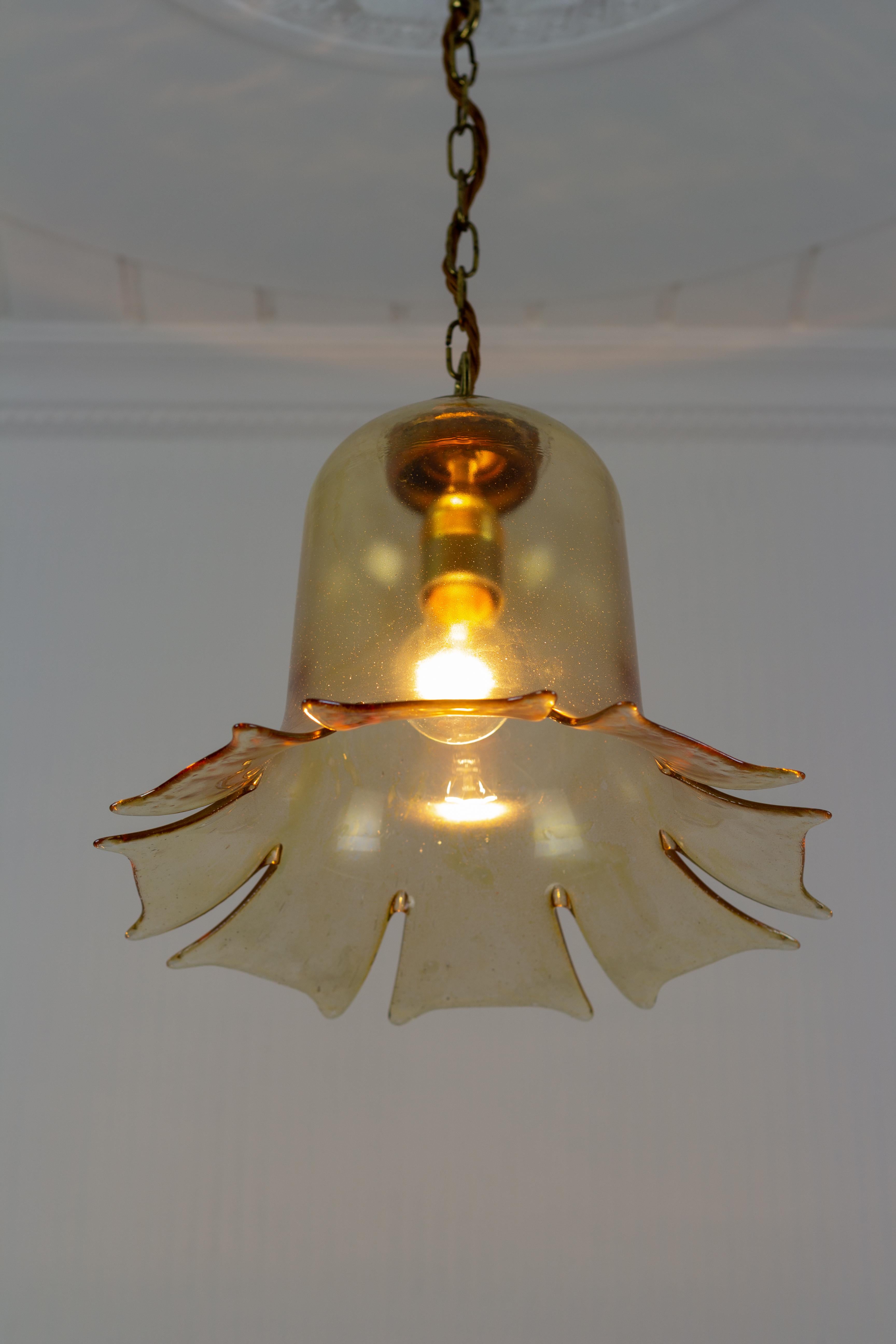 Mid-Century Bell-Shaped Glass and Brass Pendant Light, 1960s In Good Condition For Sale In Barntrup, DE