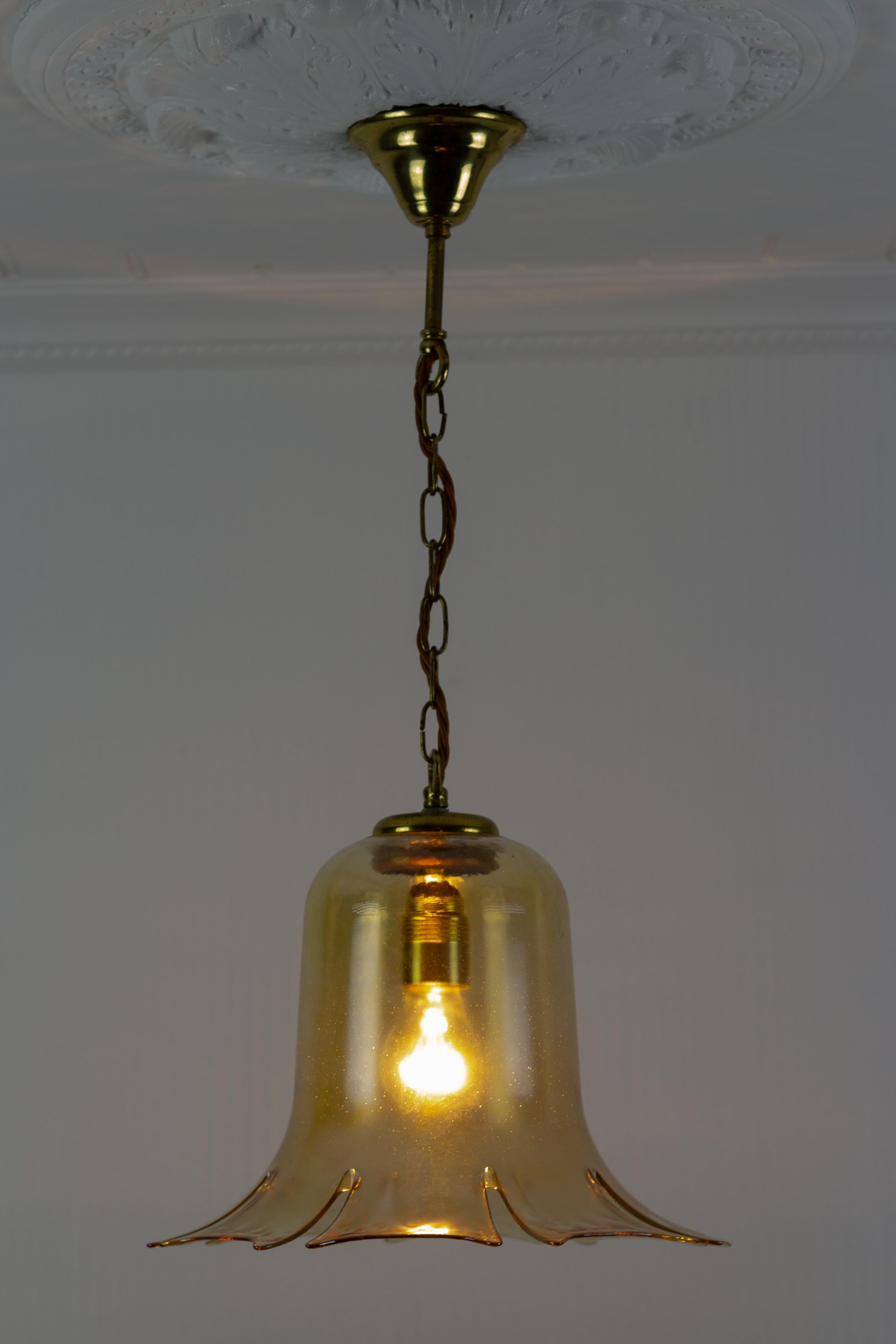 Mid-20th Century Mid-Century Bell-Shaped Glass and Brass Pendant Light, 1960s For Sale