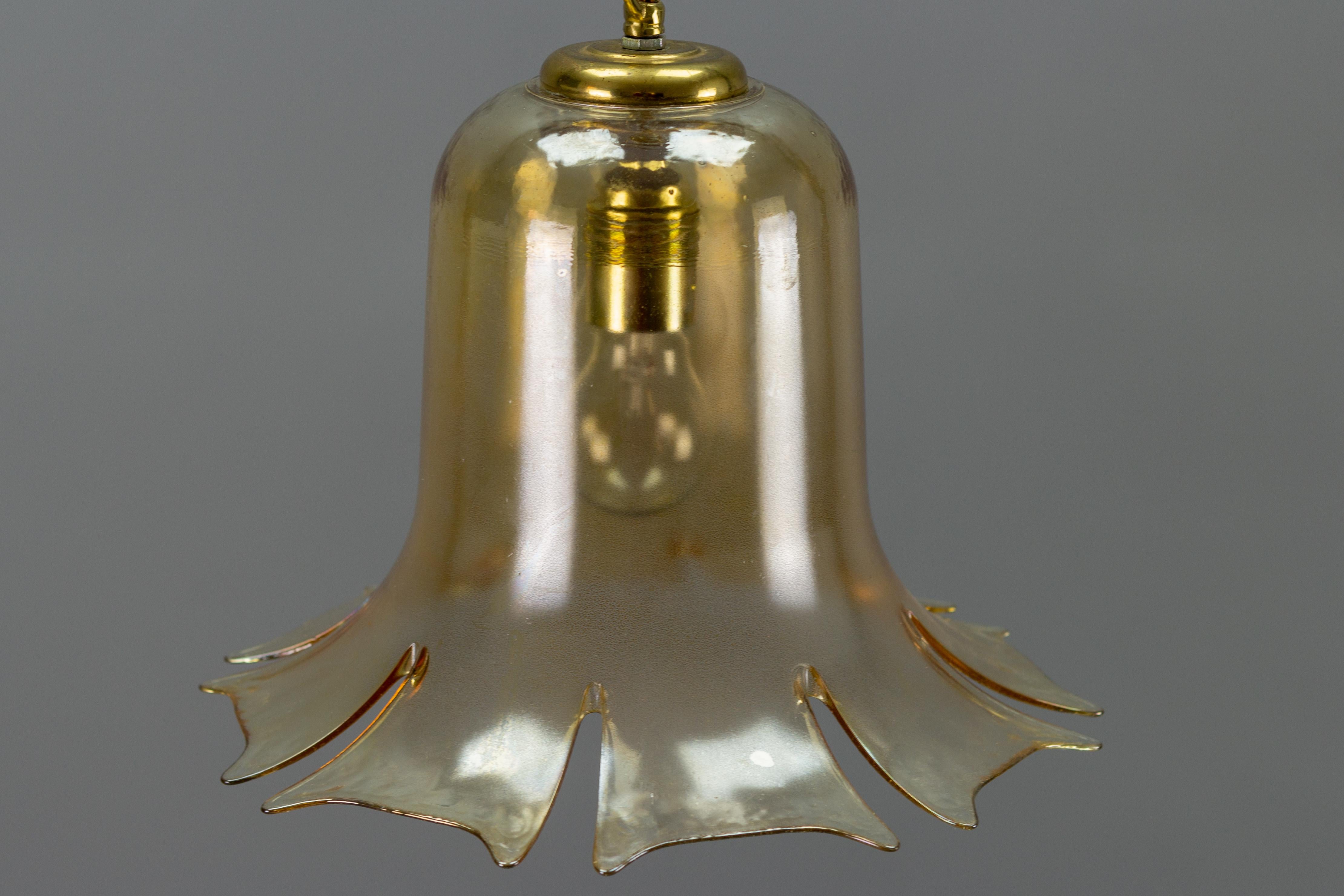 Mid-Century Bell-Shaped Glass and Brass Pendant Light, 1960s For Sale 1