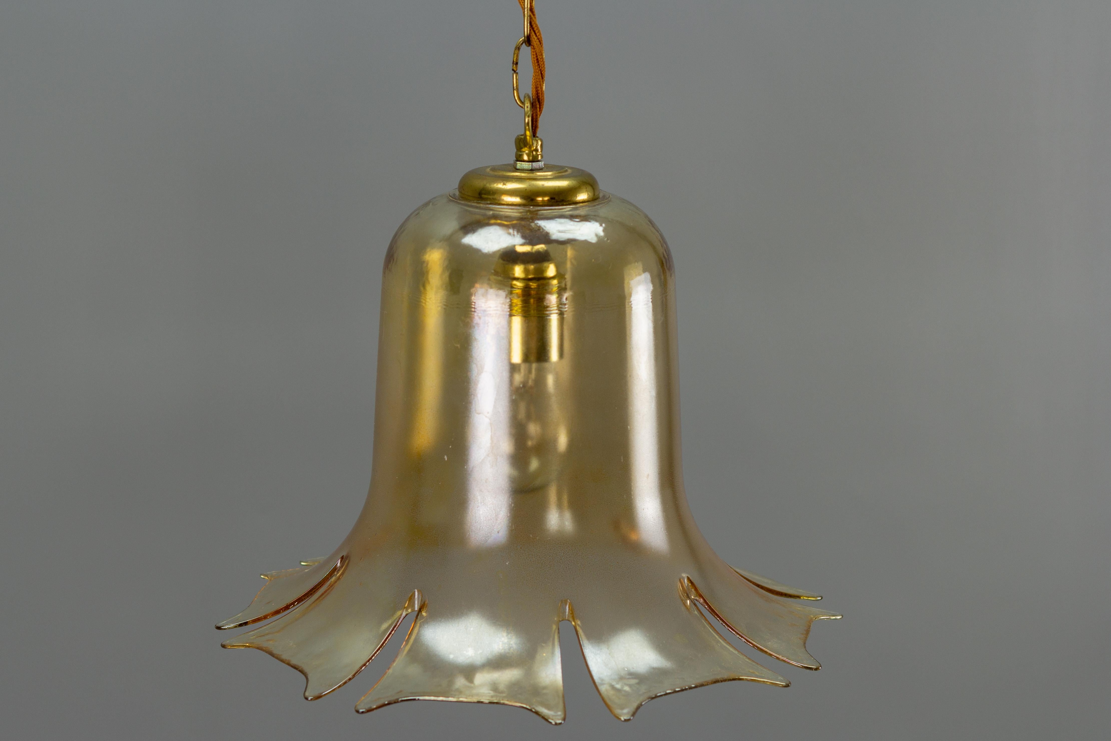 Mid-Century Bell-Shaped Glass and Brass Pendant Light, 1960s For Sale 2