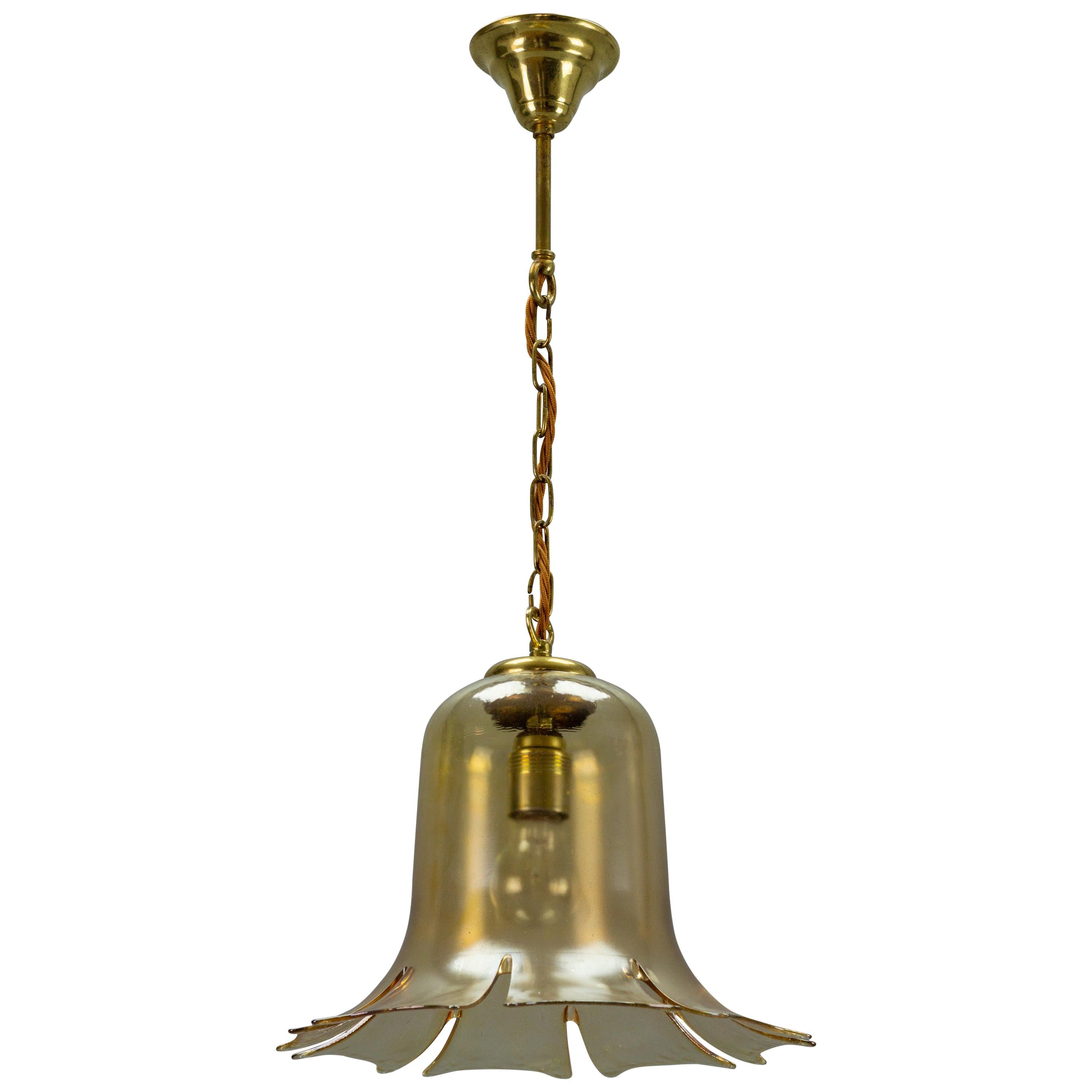 Mid-Century Bell-Shaped Glass and Brass Pendant Light, 1960s For Sale