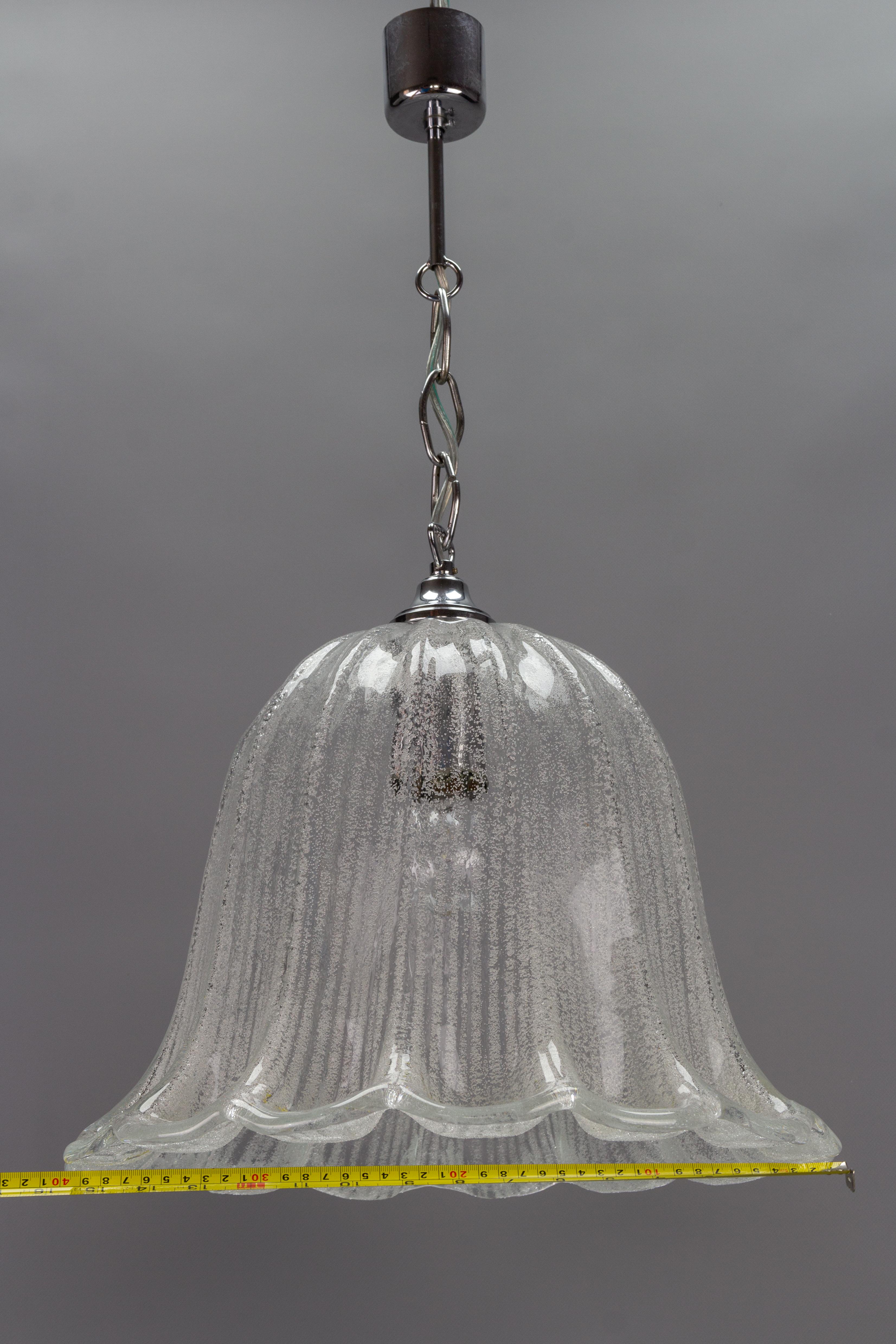 Mid-Century Bell Shaped Ice Glass and Chrome Pendant Light by Hustadt Leuchten For Sale 9