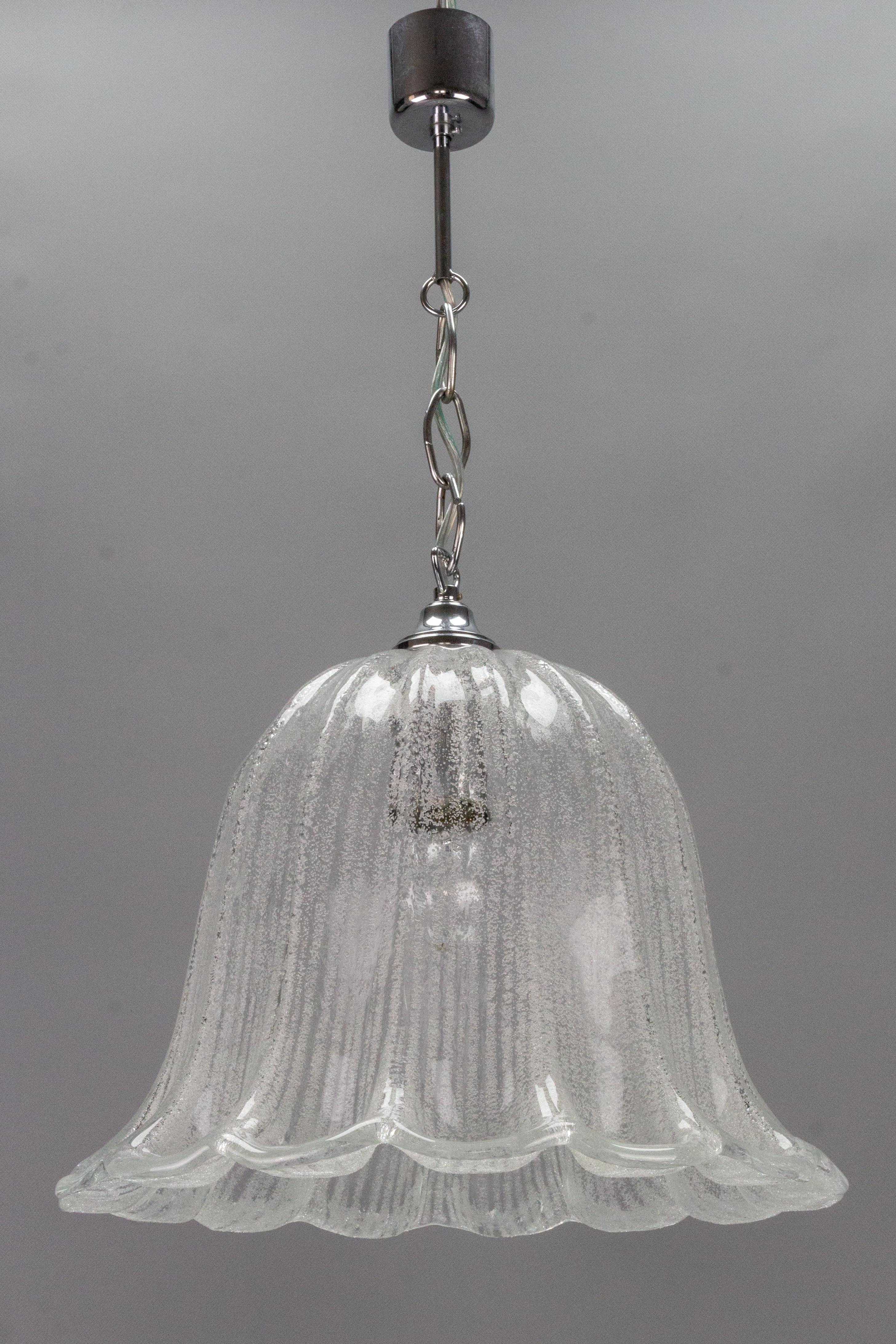 Mid-Century Bell Shaped Ice Glass and Chrome Pendant Light by Hustadt Leuchten For Sale 10