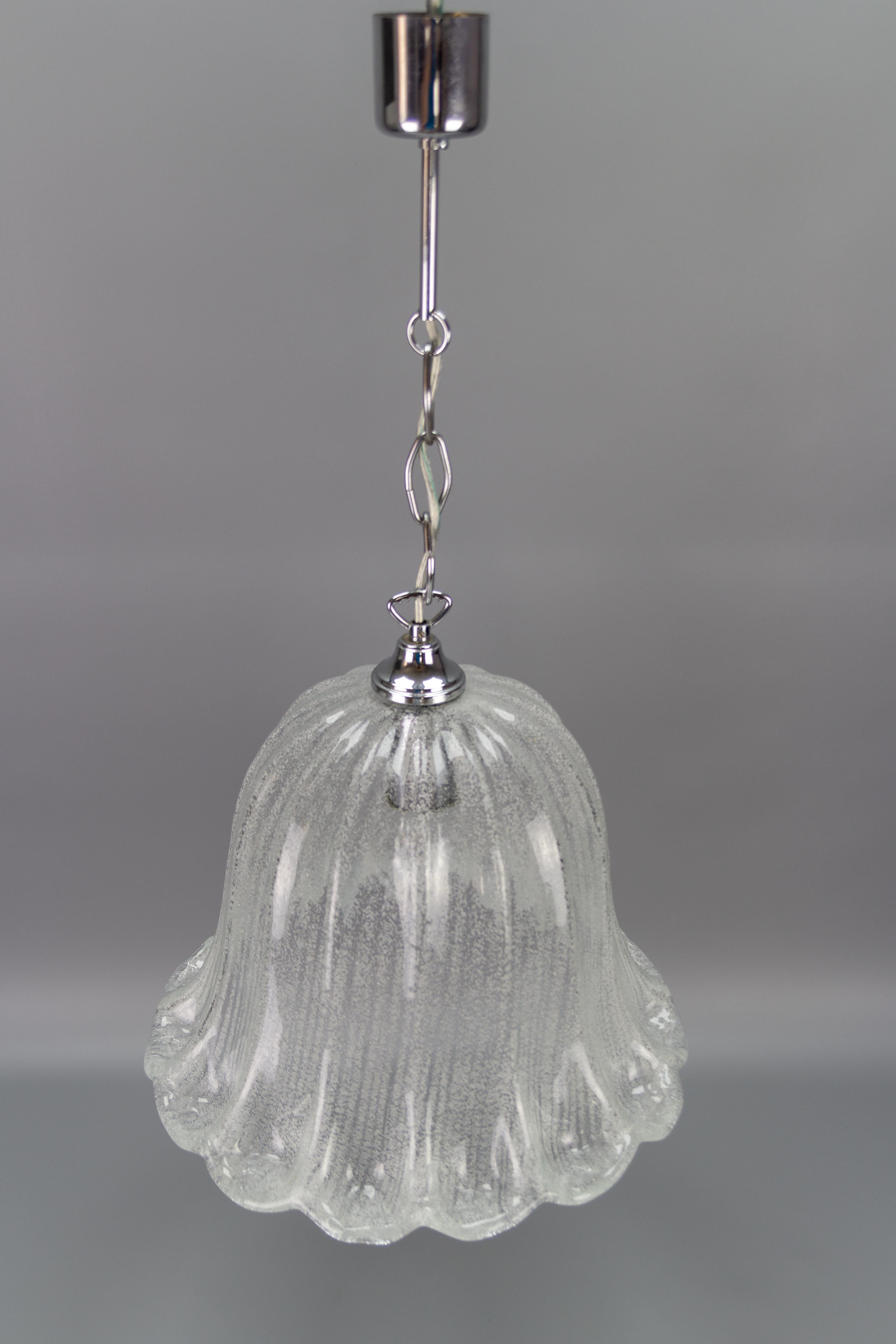 German Mid-Century Bell Shaped Ice Glass and Chrome Pendant Light by Hustadt Leuchten For Sale