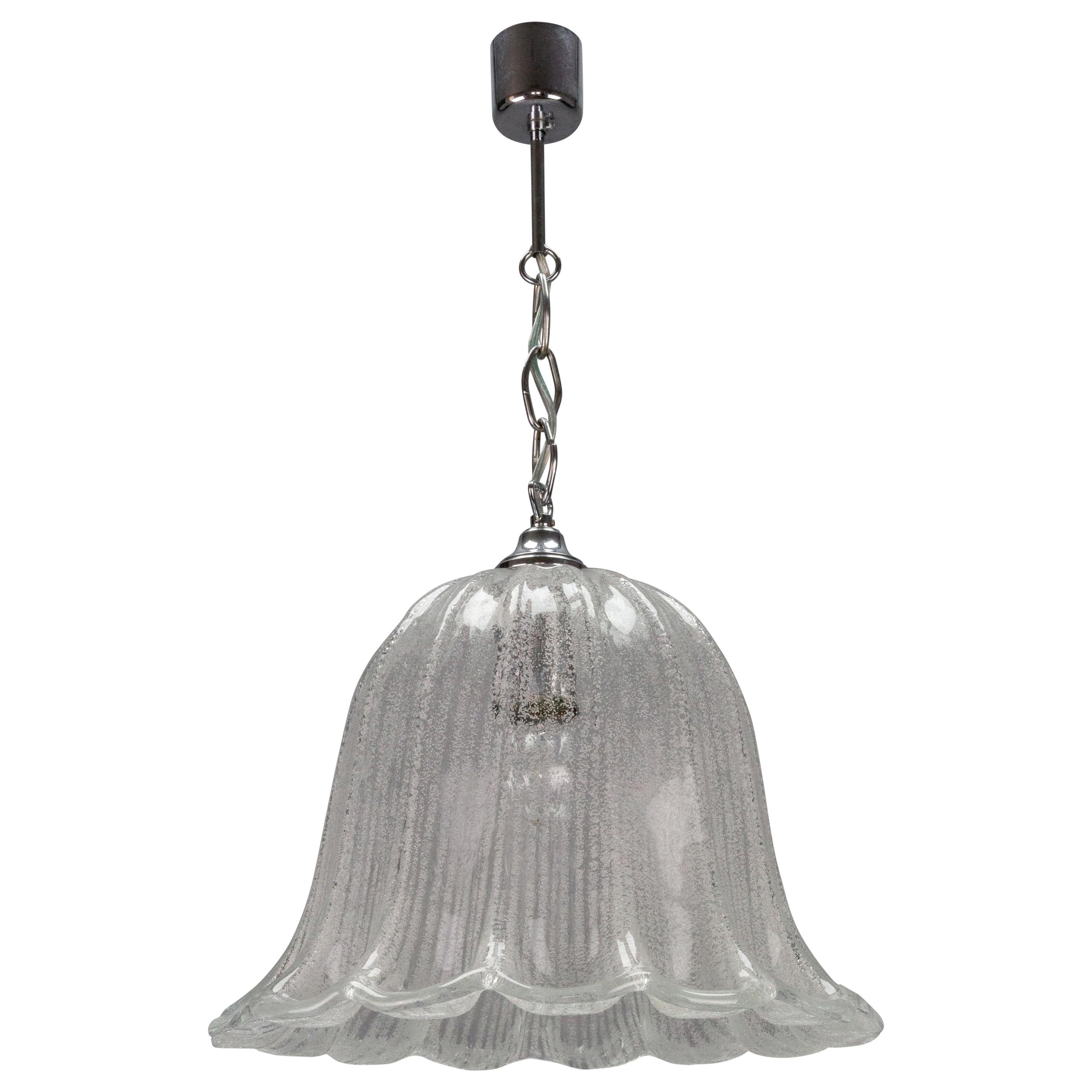 Mid-Century Bell Shaped Ice Glass and Chrome Pendant Light by Hustadt Leuchten For Sale