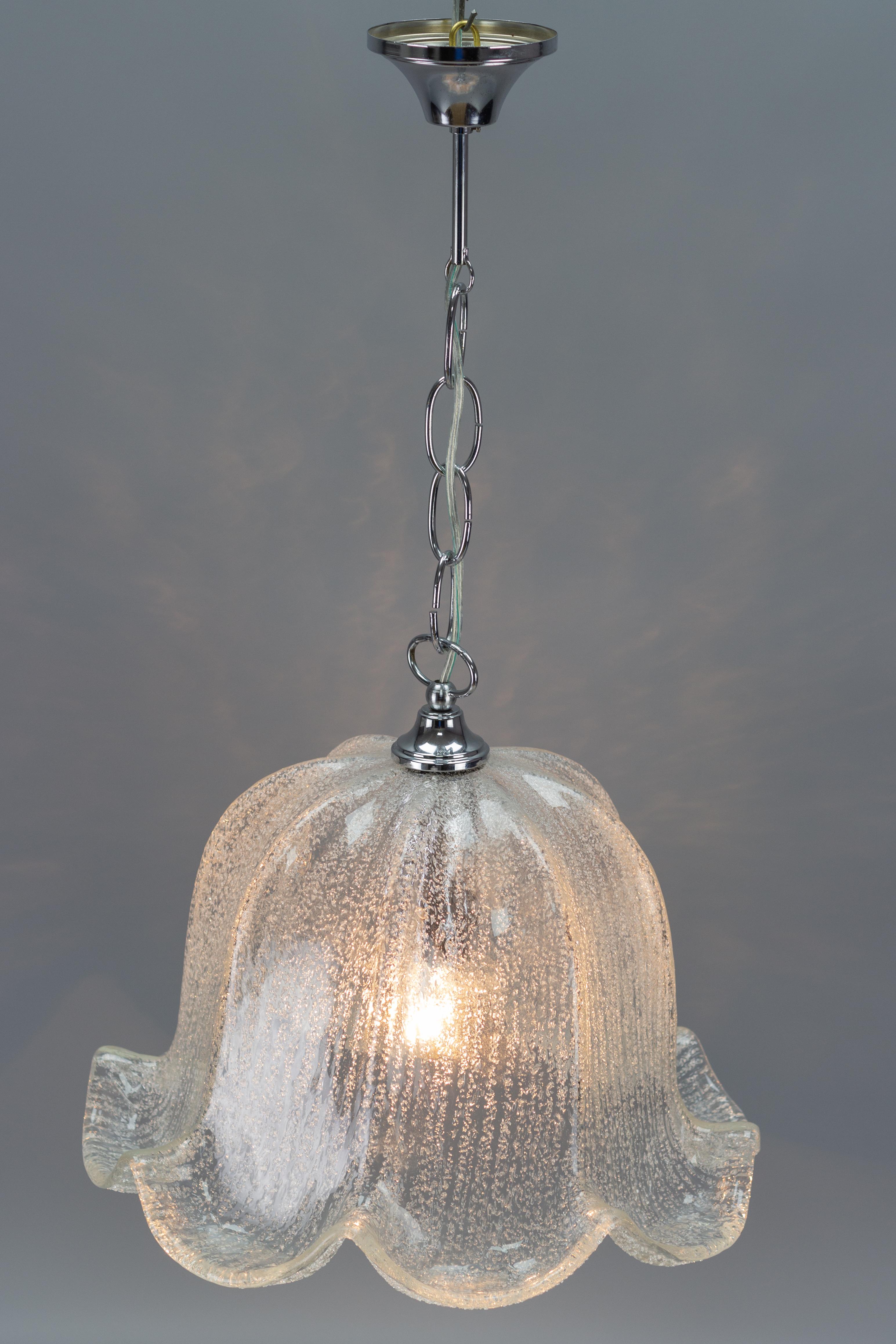 Mid-Century Bell Shaped Ice Glass and Chrome Pendant Light For Sale 12