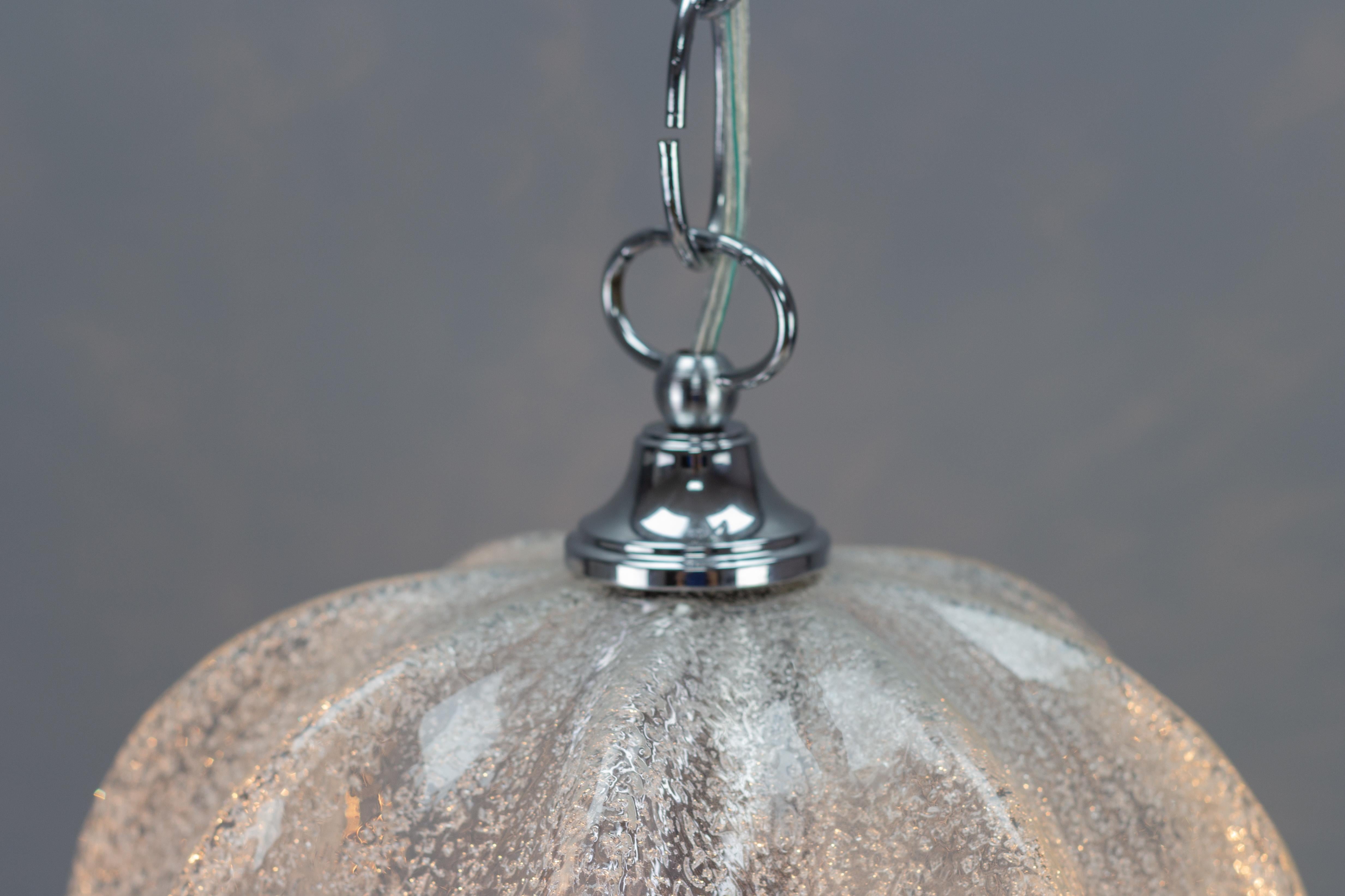 Late 20th Century Mid-Century Bell Shaped Ice Glass and Chrome Pendant Light For Sale