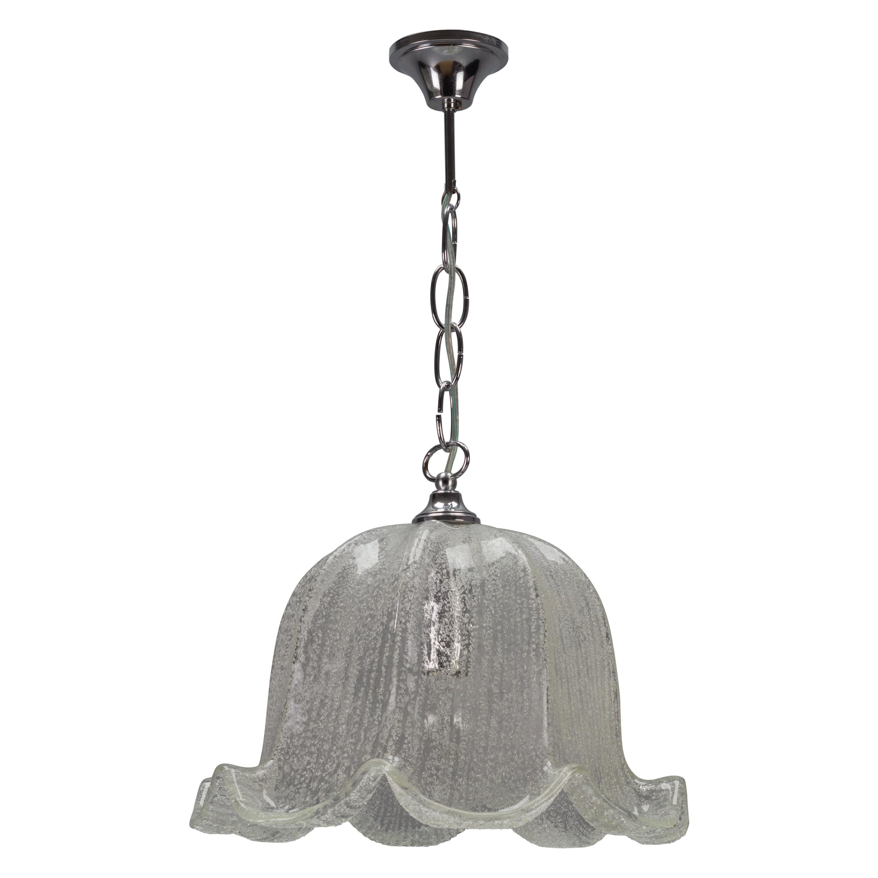 Mid-Century Bell Shaped Ice Glass and Chrome Pendant Light For Sale