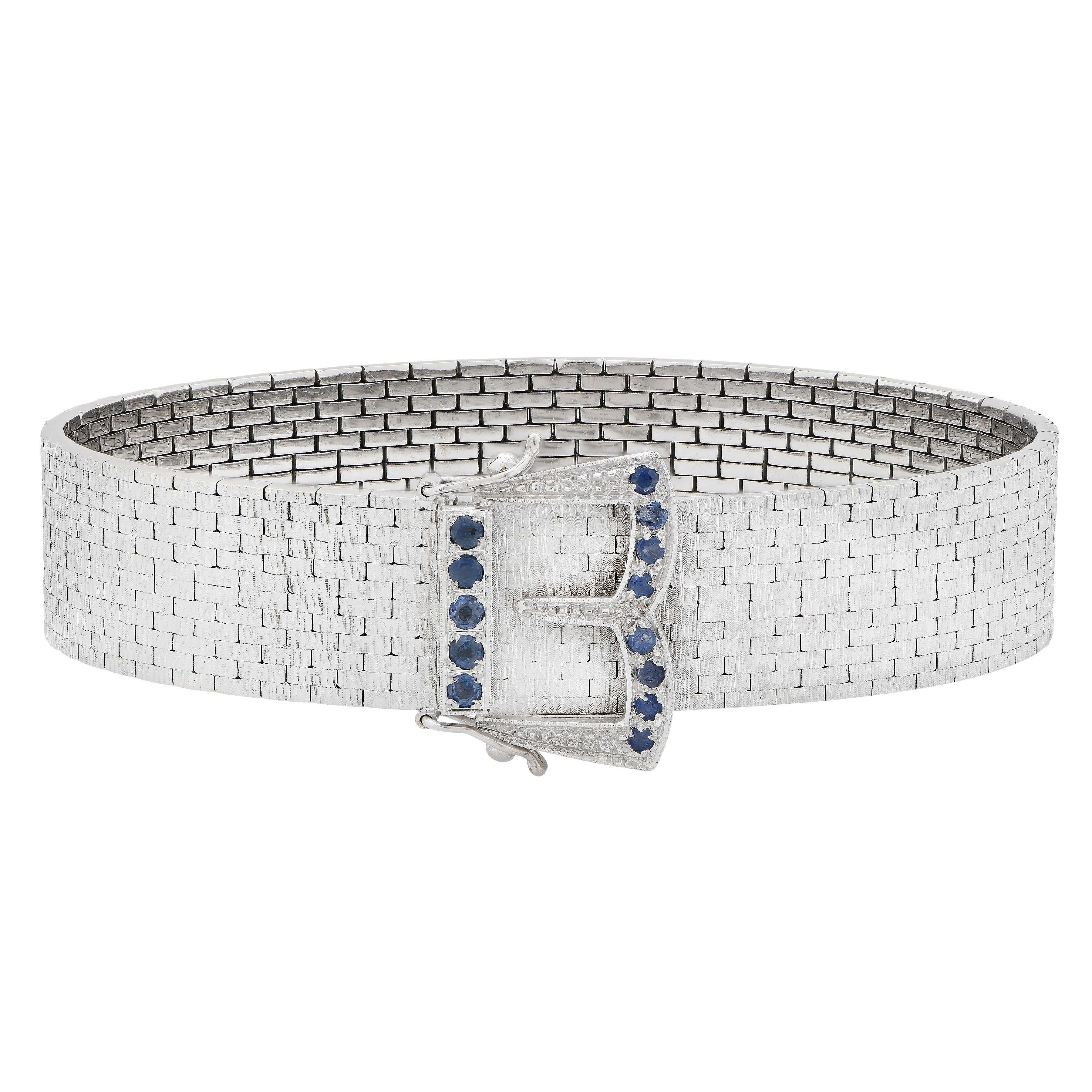 Round Cut Mid Century Belt Bracelet with Sapphires in 18 Karat White Gold 