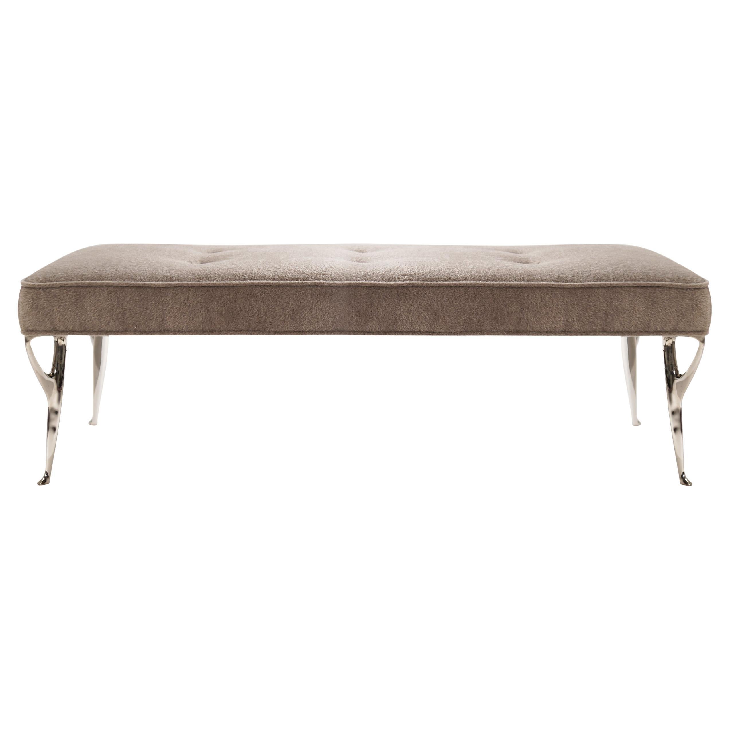 A bench original from Italy, circa 1950-1959. It features sculptural white brass cast legs, which have been hand-polished—newly upholstered in soft brown long-hair mohair.

Other designers working in the organic style include Carlo Mollino, Franco