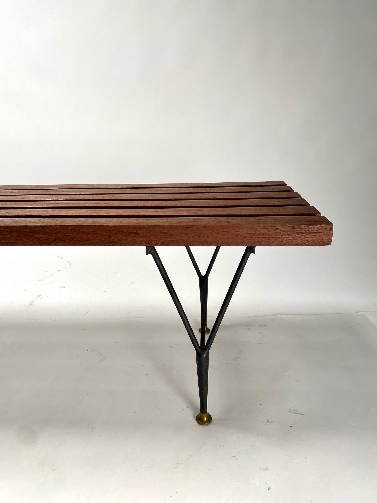 Mid-Century Modern Mid-Century bench in wood, iron and brass, Poggi Style. Italy For Sale