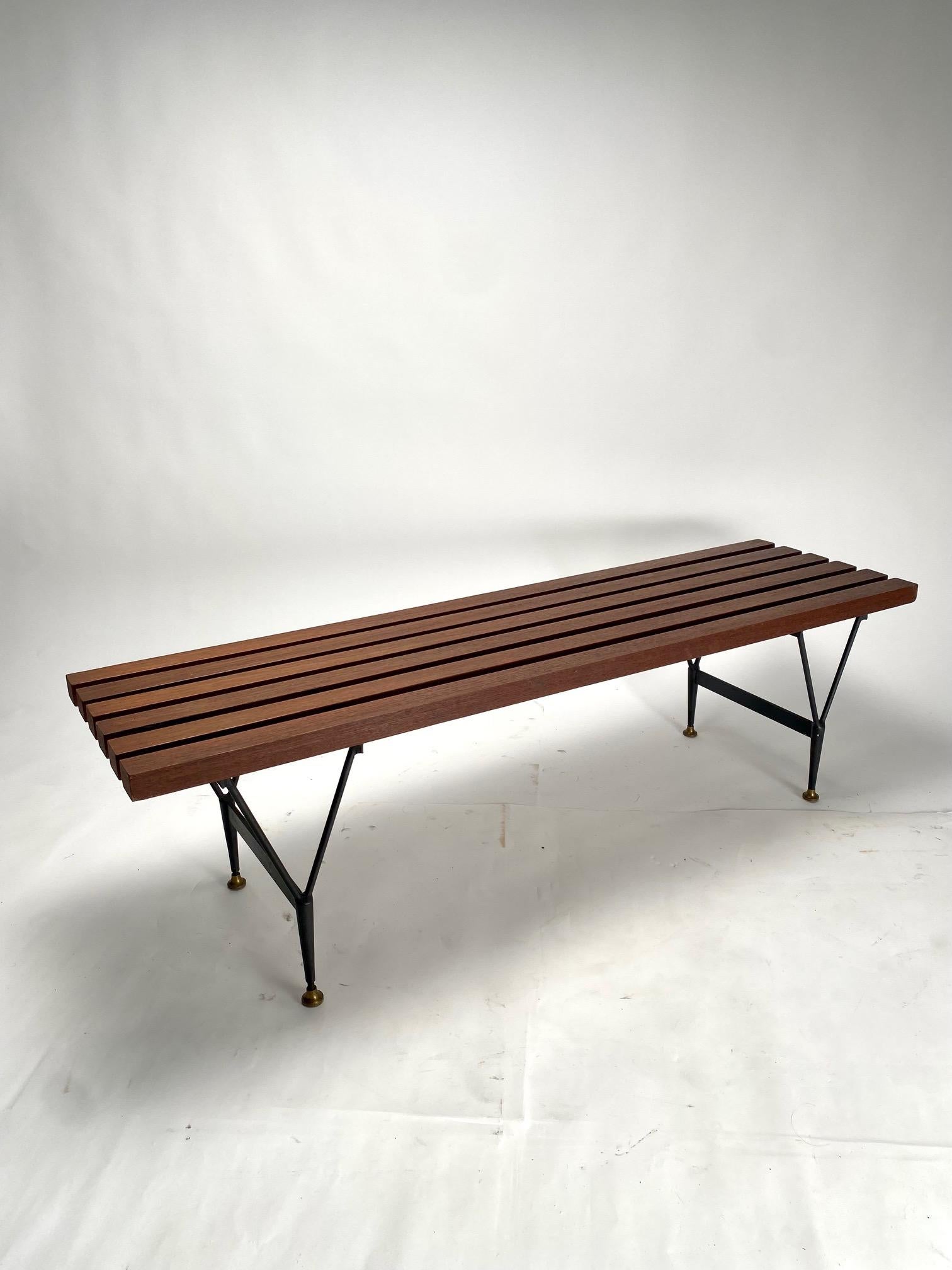 Metal Mid-Century bench in wood, iron and brass, Poggi Style. Italy For Sale