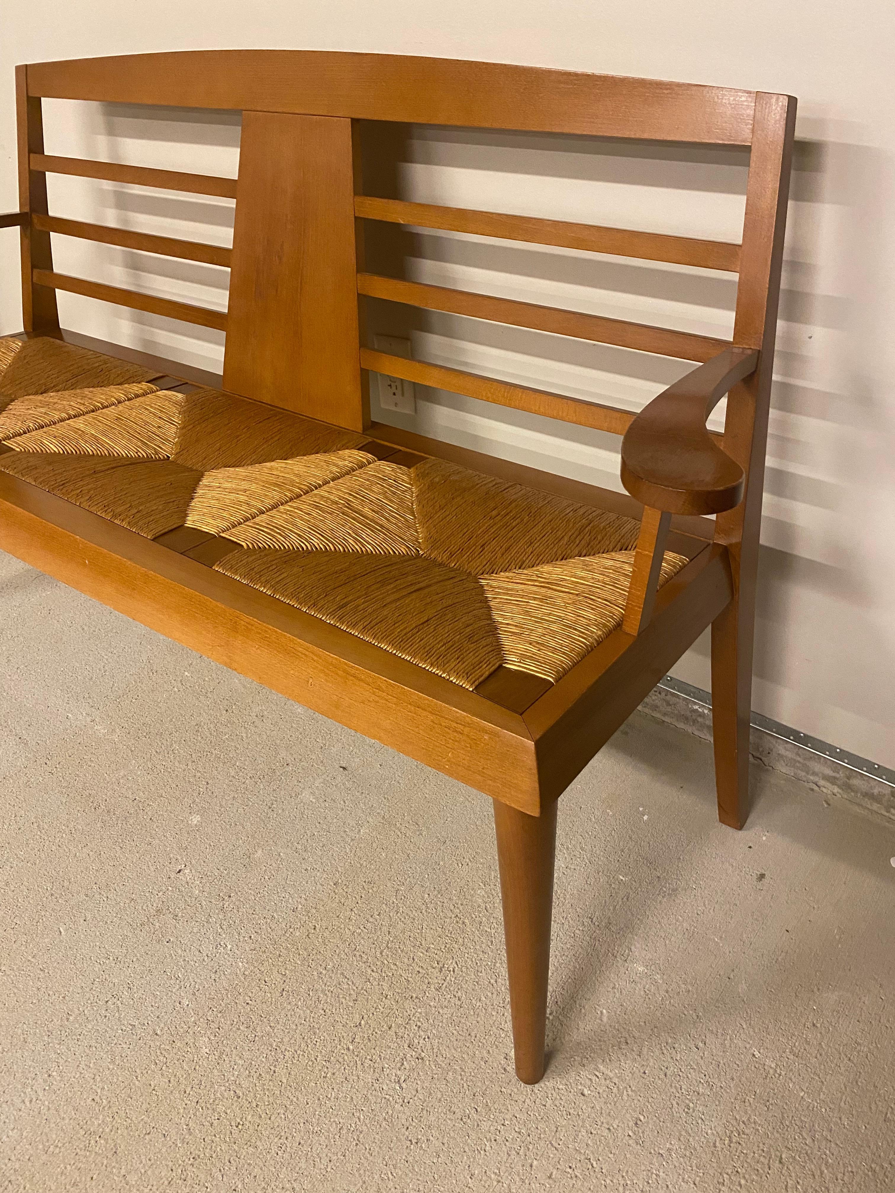 Woven Mid-Century Bench in Wood & Rush, 1950's