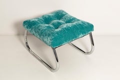 Mid Century Bench Stool, Turquoise Blue Dedar Plushy Velvet, Bauhaus, 1970s