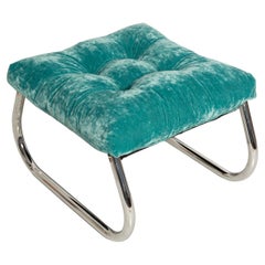 Mid Century Bench Stool, Turquoise Blue Dedar Plushy Velvet, Bauhaus, 1970s