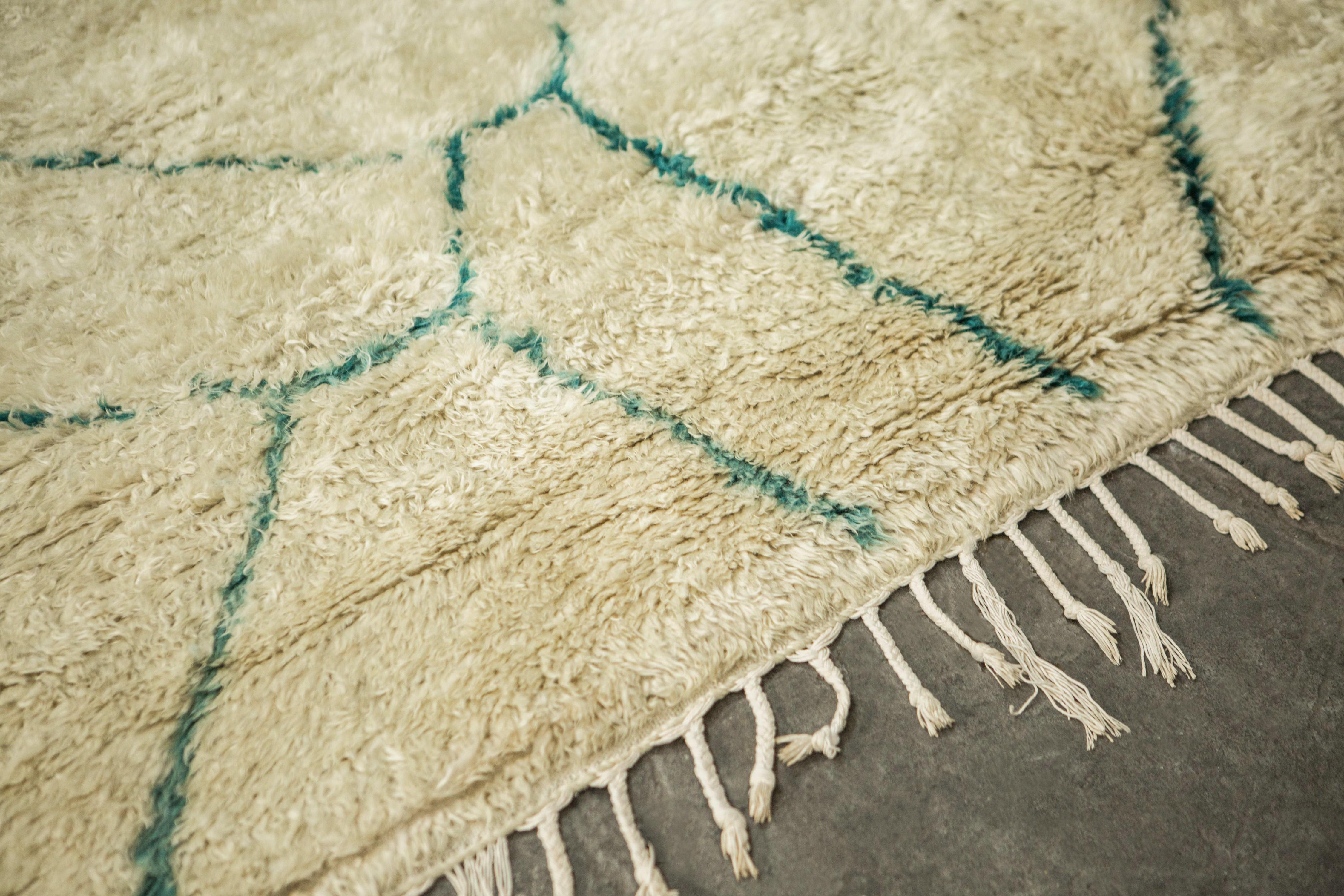 Hand-Woven Neutral and Teal Moroccan Rug  10'5
