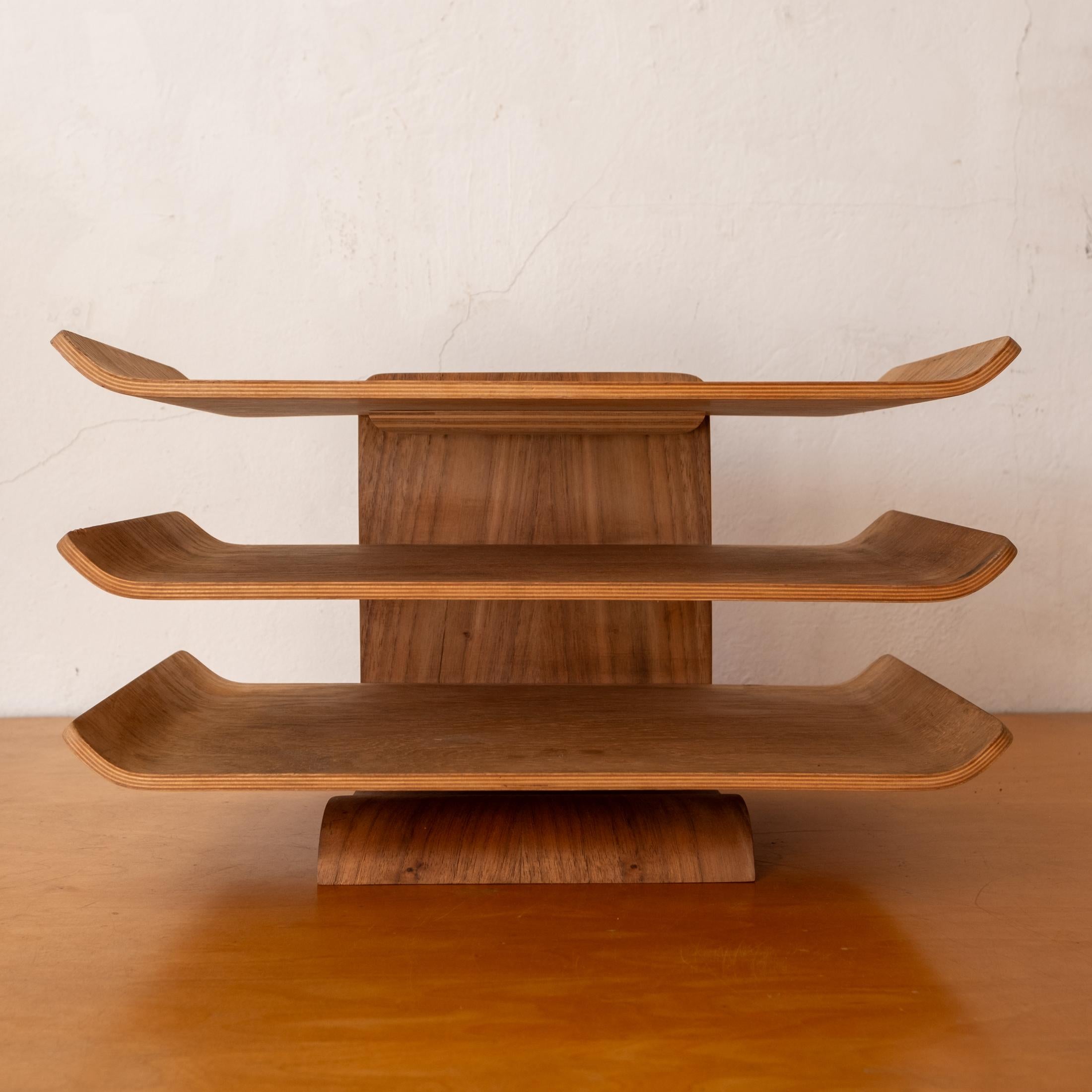 Multi-level bent ply desk tray. Walnut spine and Ash shelves. Similar to designs by Charles and Ray Eames and Abel Sorenson.  Unsigned. 1950s