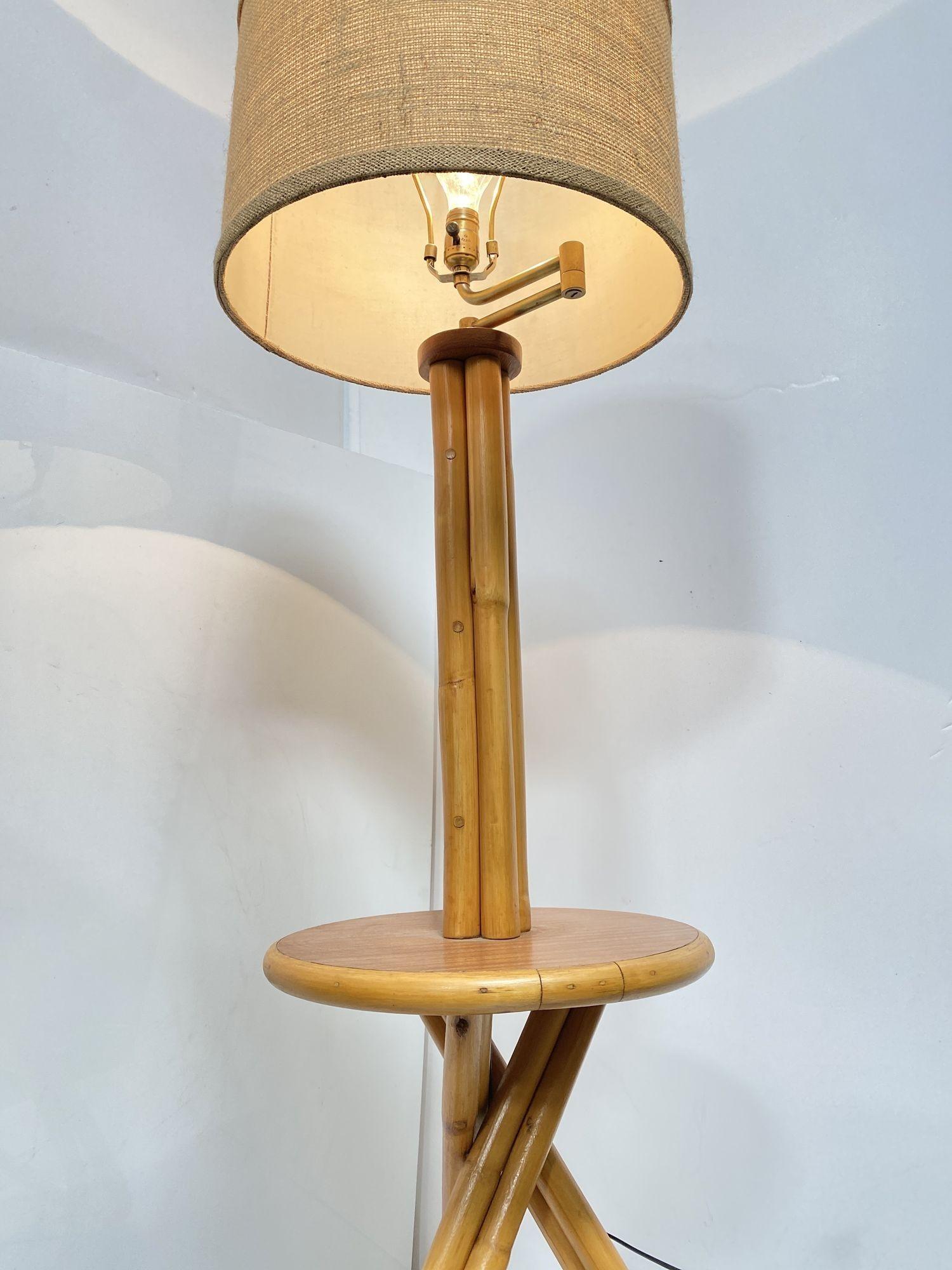 American Restored Mid Century Bent Rattan Floor Lamp with Side Table Base and Hemp Shade